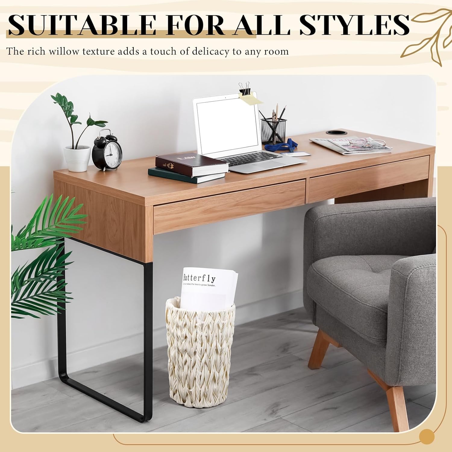 2 Pcs Wicker Trash Cans 2 Gallon Rattan Waste Baskets for Bathroom Wicker Waterproof Boho Trash Cans Compact Woven Round Decorative Waste Baskets for Bedroom Office Bathroom(White)