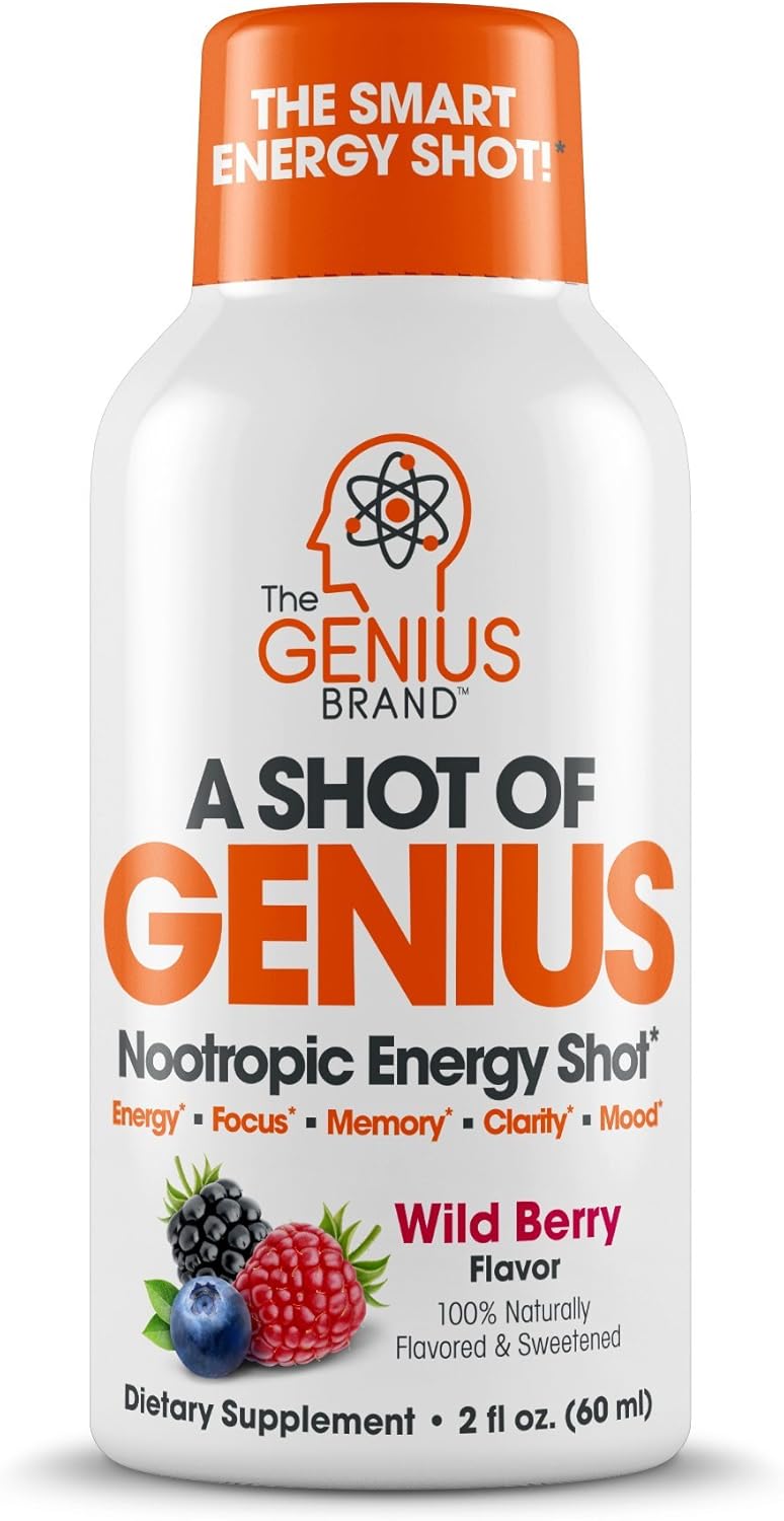 Shot of Genius - Nootropic Energy Shots | The Smart Energy Drink for Men & Women w/ Alpha GPC & Blueberry Extract | Extra Strength Brain Boost Supplement | Spark Focus & Support Mood - Sugar Free -6ct : Health & Household