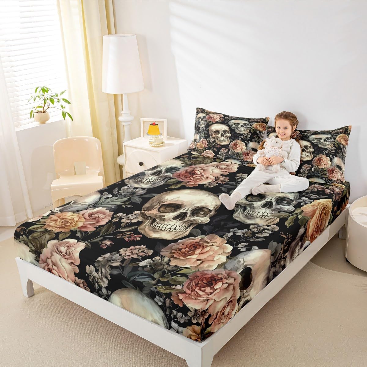 Happy Halloween Kids Fitted Sheet Queen Size,Human Skeleton Rose Flowers Trippy Bedding Set,Girls Boys Room Decor,Skull Leaf Botanical Gothic Black Pink Bed Sheet,2 Pillowcases(No Flat)
