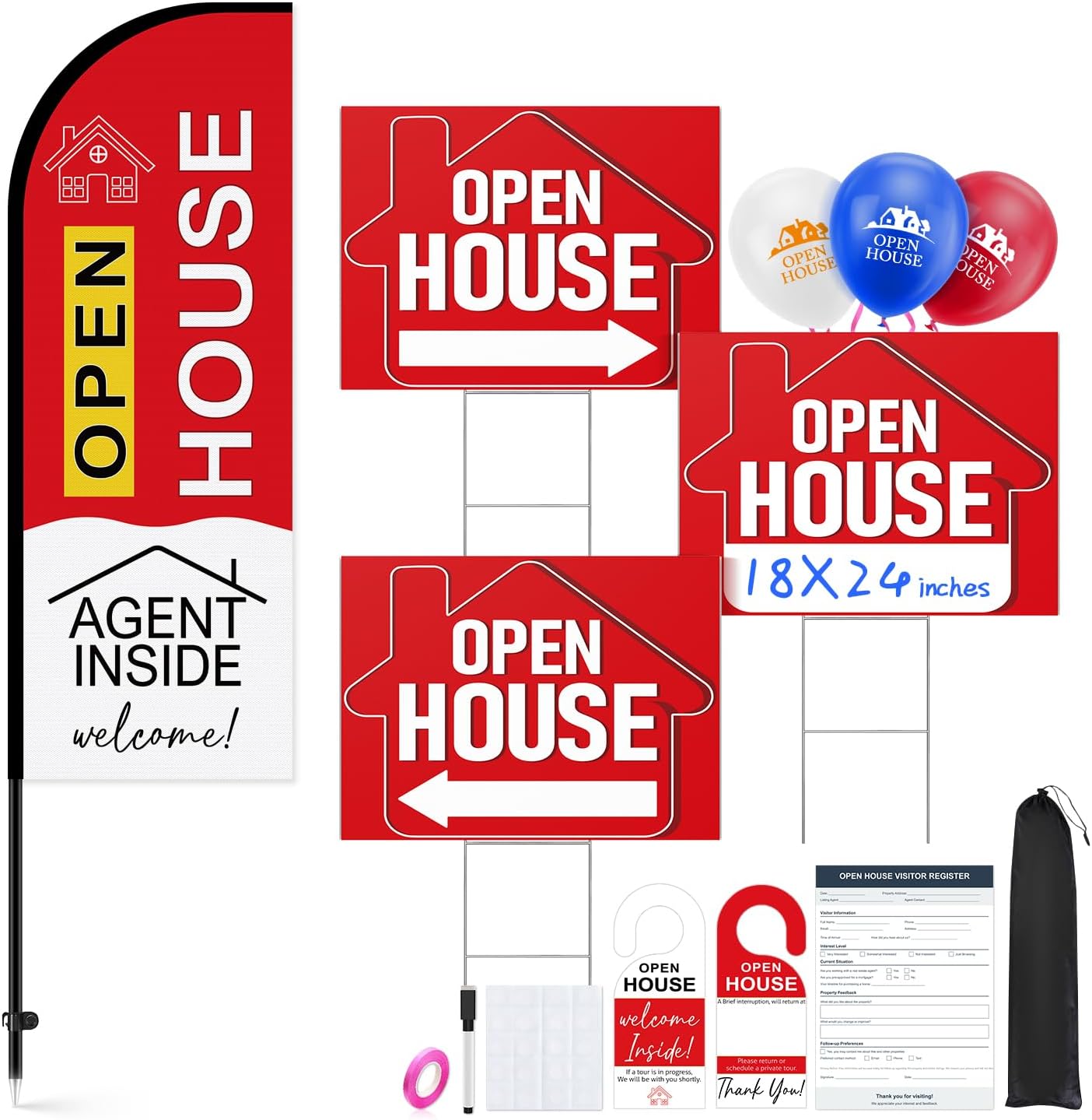 Open House Signs for Real Estate - 3 Pack 24"x18" Double-Sided Signs, Double H-Stakes, Open House Flag, 30 Balloons, Guest Register Book & Door Hangers | Complete Real Estate Marketing Set
