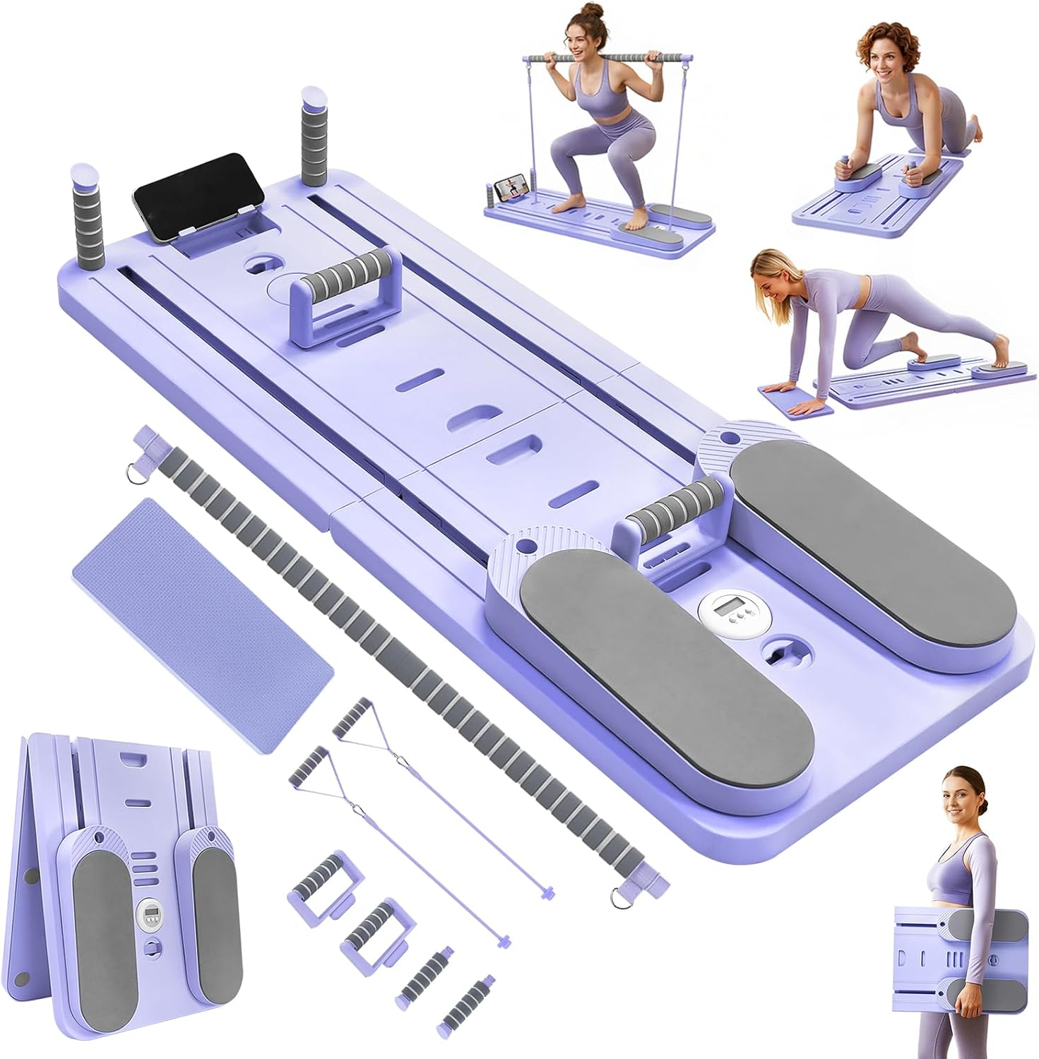 Pilates Board for Home Workout – Upgraded Foldable Pilates Reformer Board Set, Portable Pilates Reformer Machine with Resistance Bands, Ab Wheel & Push-Up Handles, All-in-One Home Pilates Equipment