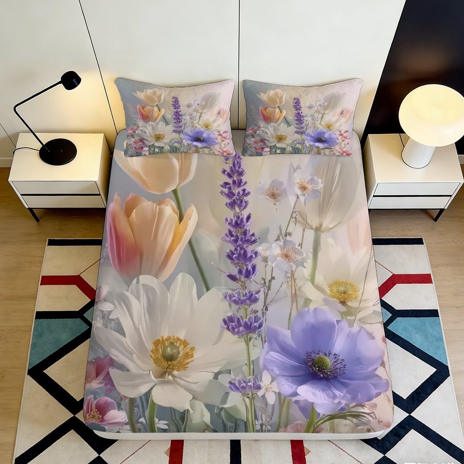 3D Printed Floral Pattern Fitted Sheet Microfiber Soft Breathable Lavender Bed Cover for Bedroom Dormitory Guest Room Mattress Protection Decor 90x200x25cm