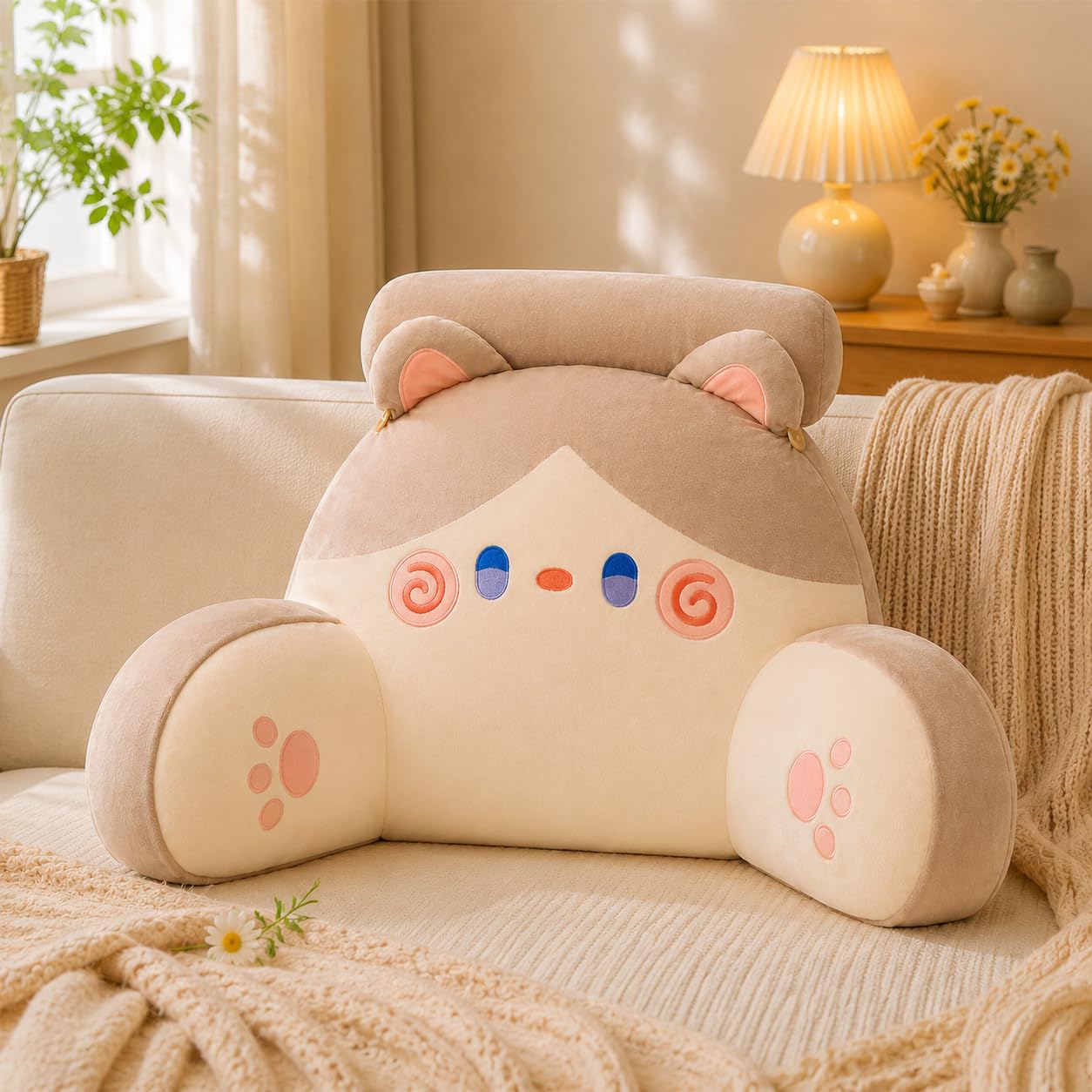 Azmaht Cream Cat Cuddle Cushion Reading Pillow In Soft Plush And Pp Cotton, Washable Back Support Cushion, Cosy Support Pillow, Lounger Back Support Pillow For Adult Bedrest,,75X50cm
