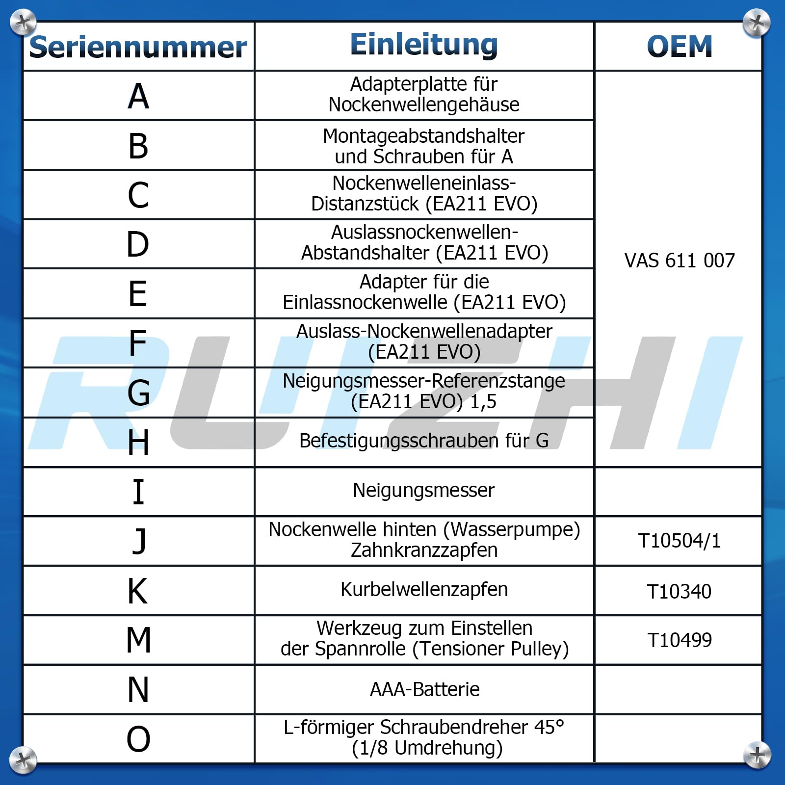 RUIZHI Outil pour Courroie Dentée, Kit D'outils de Réglage pour Moteur Automobile avec Inclinomètre Compatible avec Audi, Seat, VW 1.5 TSI Petro, OEM : Vas 611 007, T10504/1, T10340, T10499