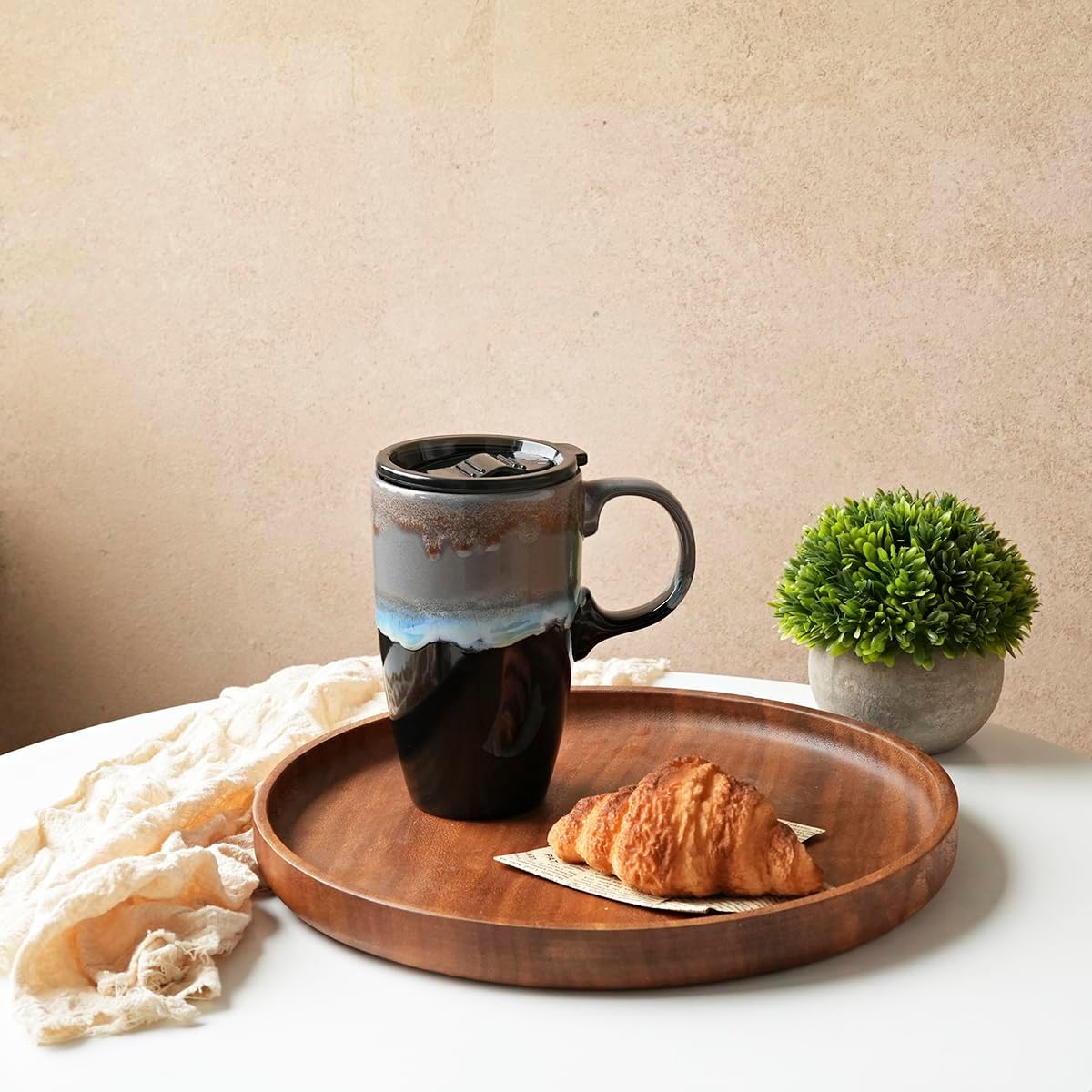 Bosmarlin Ceramic Travel Coffeel Mug with Handle and Lid, 18 oz, Portable Coffee Cup for Car Cup Holder, Microwave and Dishwasher Safe, Reactive Glaze (Grey) - Image 4