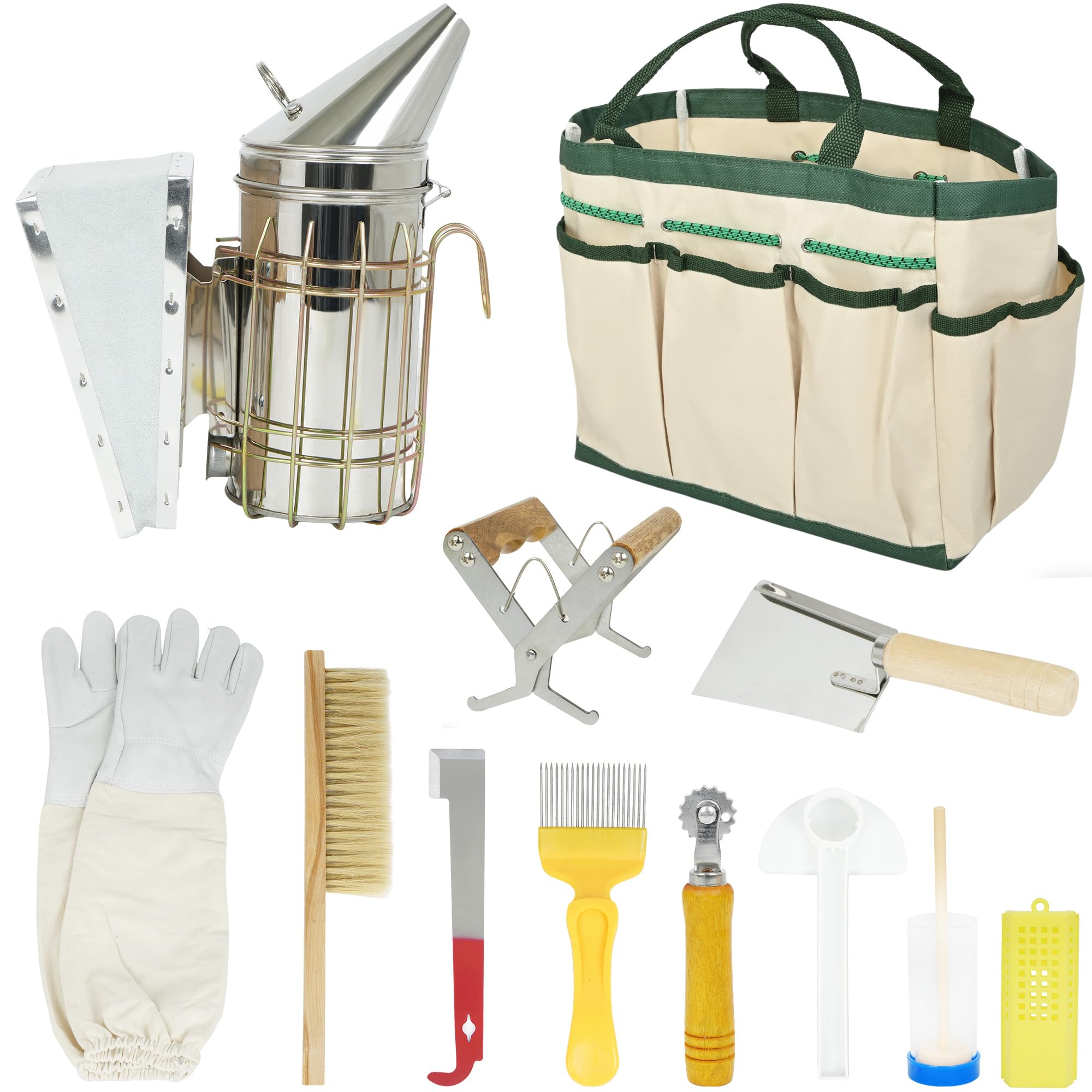 ohbien Kit di 12 attrezzi per apicoltura, kit per apicoltura, strumento per alveare, fumatore d'api, gancio a J per alveare, manico per telaio, spazzola per apicoltura e accessori, kit di attrezzi per