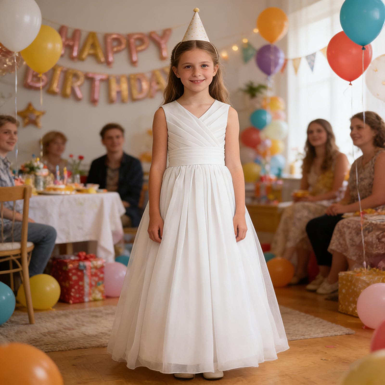 Vestido largo de gasa para niños, estilo bohemio, sin mangas, vintage, elegante, líneas A, vestidos de comunión, bodas, damas de honor, princesa, vestido de tul para niñas, 8-14 años.