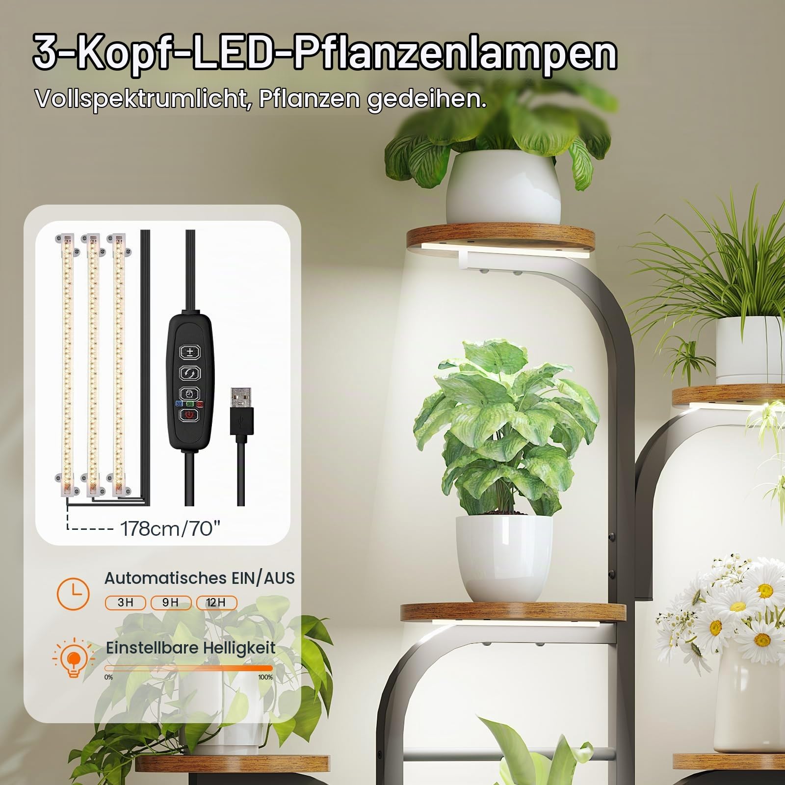 HOOBRO 7 Ebenen Pflanzenständer, Blumenständer mit Pflanzenlampeit, 120cm hoher Blumenständer, Indoor Pflanzenregal, Blumenregal für Wohnzimmer Garten Balkon, Vintagebraun und Schwarz EBF09DHJ01