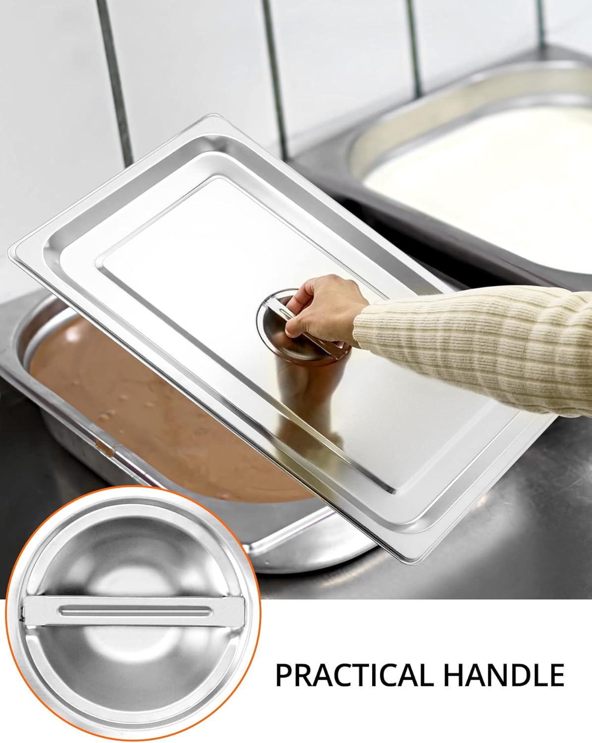 QWORK Full Size Stainless Steel Steam Table Pan Cover with Handle - Set of 2, Durable Lid for Steam Pans - Image 4