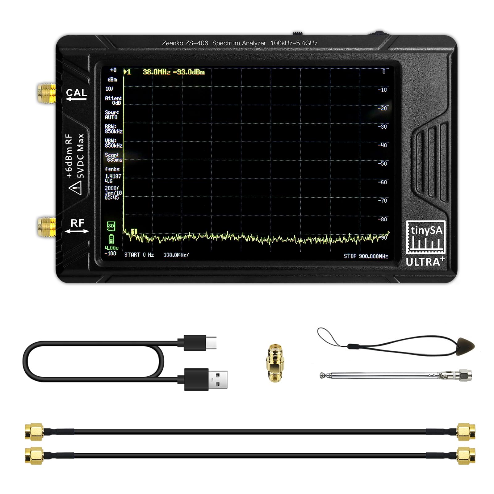New TinySA ULTRA+ ZS-406 Spektrumanalysator 100kHz-5,4GHz, Handheld Frequenzanalysator Signal Generator mit 4inch Display, 32GB Speicherkarte und integrierter 5000 mAh Akku