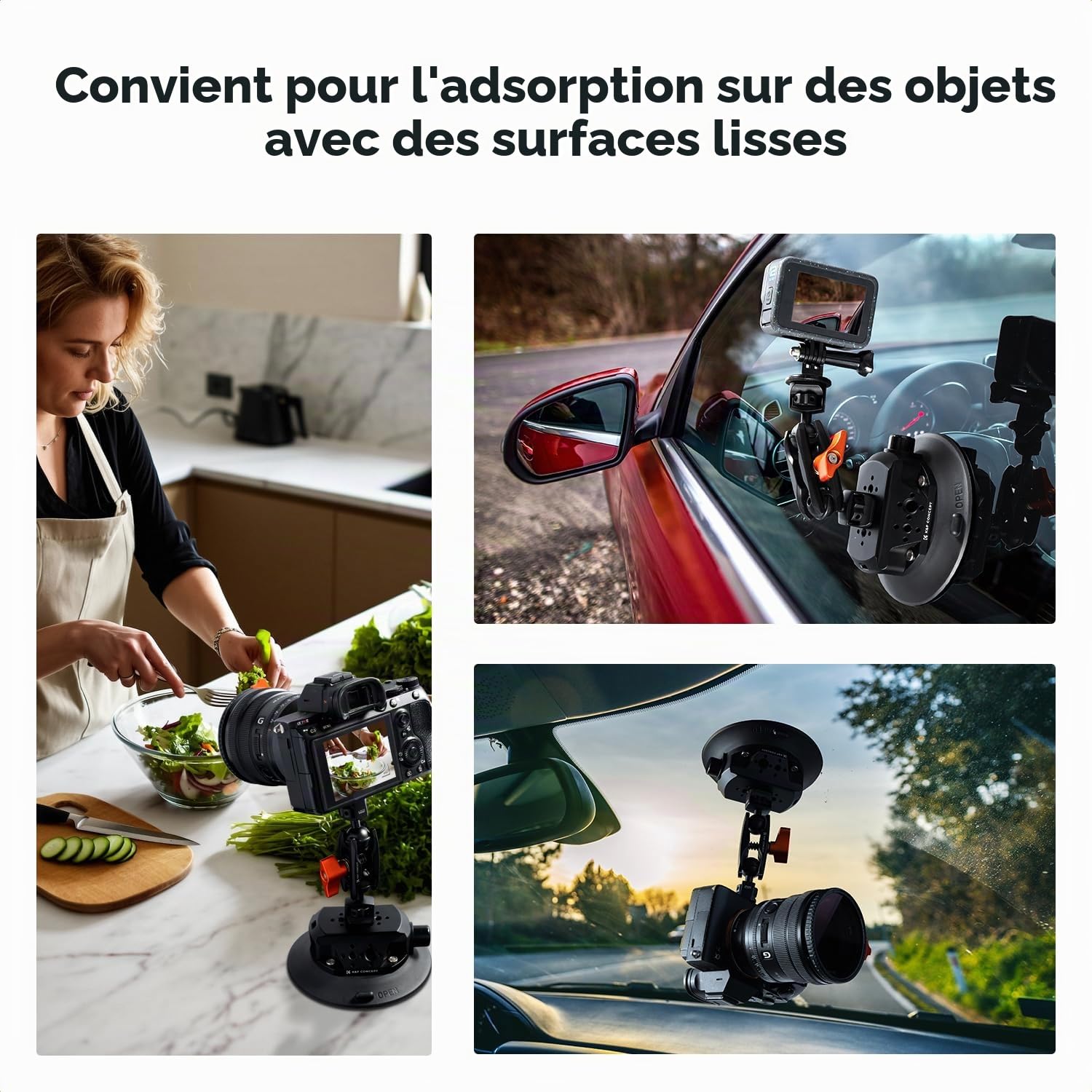 K&F CONCEPT Support à Ventouse 4,5″ (115 mm) avec Bras Magique Double Rotule, Pince Téléphone & Adaptateur GoPro – Fixation Caméra/Smartphone 1/4″ & 3/8″ pour Pare-Brise et Surface Lisse