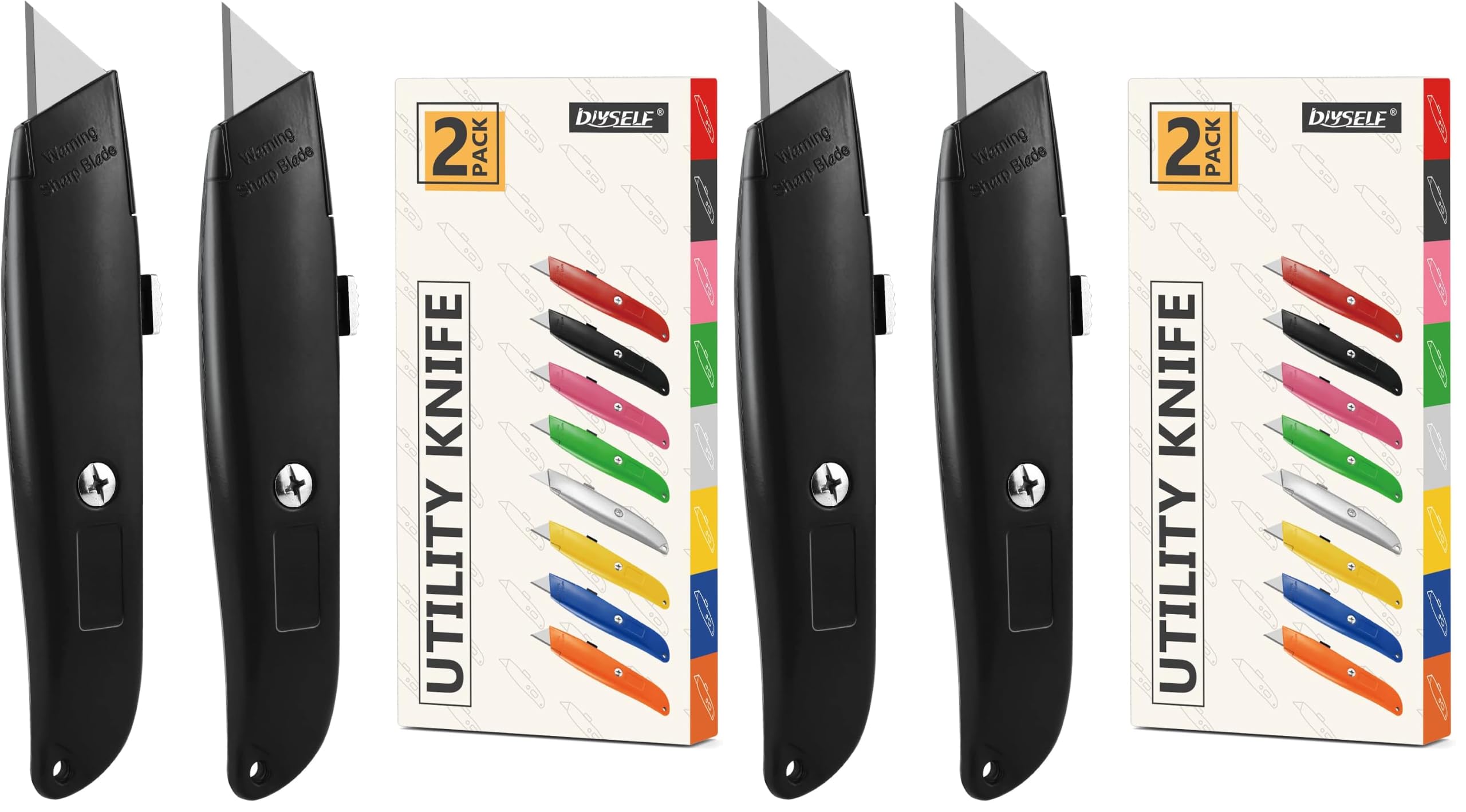 DIYSELF 4 Pack Box Cutters Retractable Utility Knife, Black