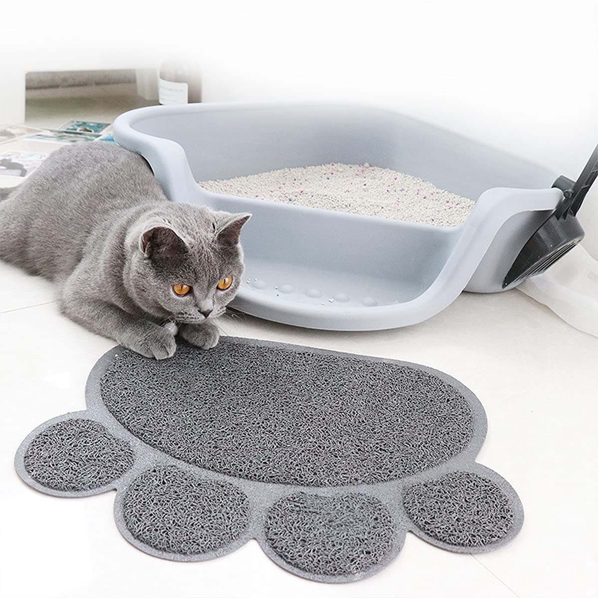 3 Pezzi PVC Tappetino Lettiera Gatto Antiscivolo Ciotole Gatto Animale Domestico Alimentatore Tappetino per Ciotola Tovaglietta a Forma di Zampa Cani e Gatti