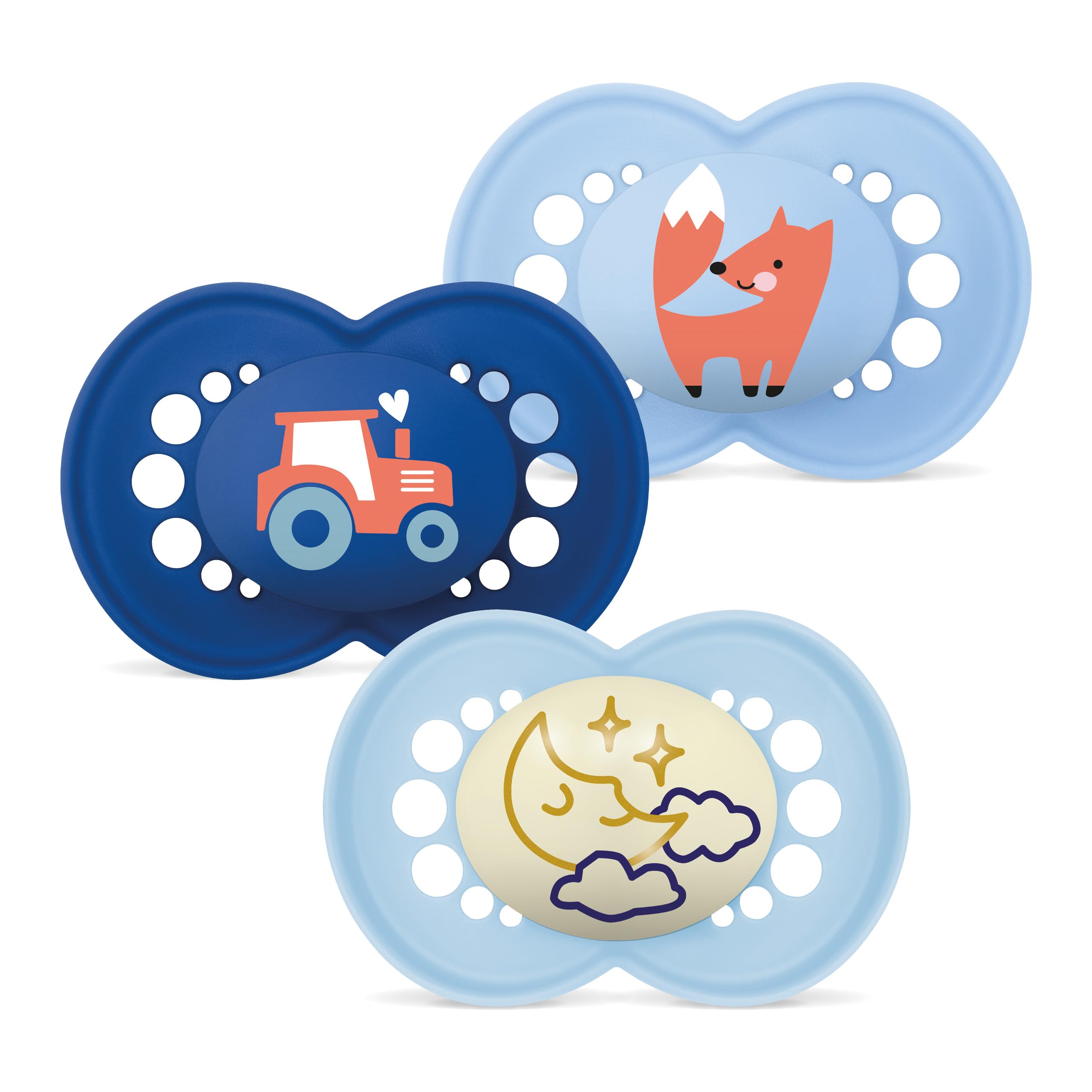 MAM Set mit 3 originalen Day & Night-Schnullern mit SkinSoftTM ultraweichem Silikonschnuller für Babys ab 6 Monaten blau (Produktdesign kann variieren)