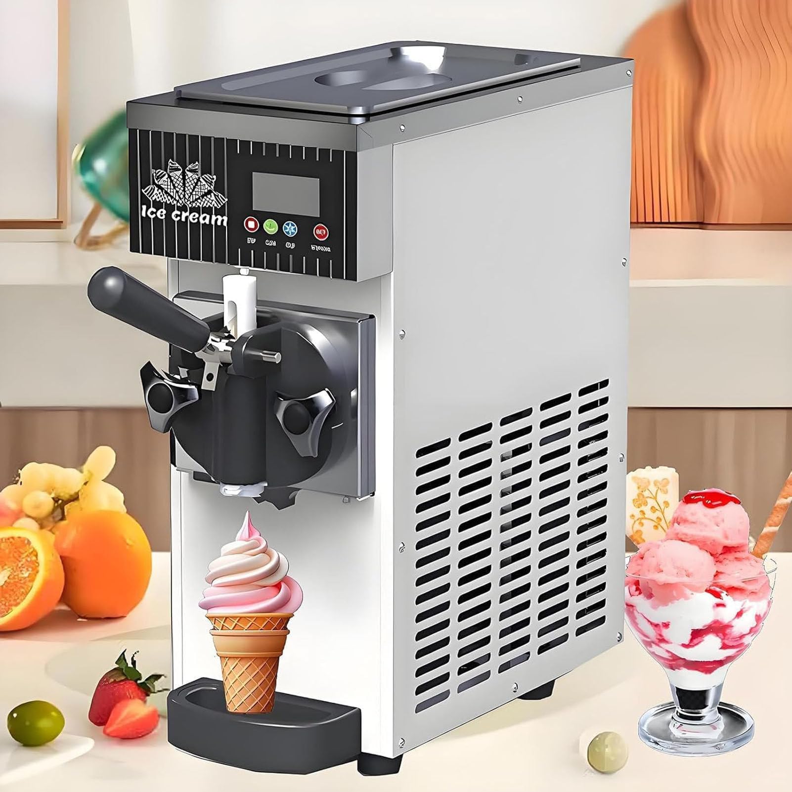 PioMue Single Flavor Commercial Ice Cream Machine, Commercial Soft Serve Ice Cream Maker, LCD Panel Auto Clean, Countertop Dessert Maker for Restaurants and Shops​ CreamWhite