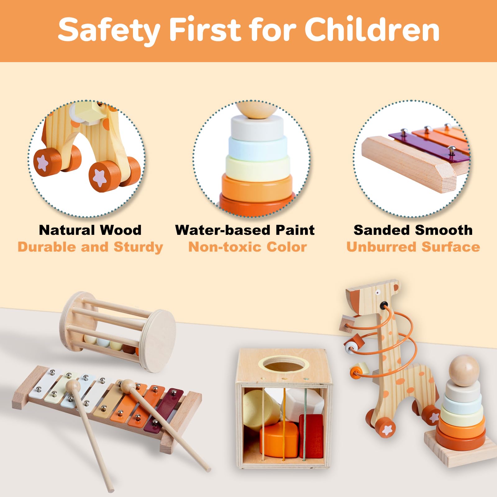 Giochi in Legno Montessori 5 in 1, Regali Bambini 1 Anno, Motricità Fine Bambini 1 2 3 Anni, Giocattolo Educativo Multiattività Bimbo con Torre Impilabile, Xilofono, Labirinto Perline