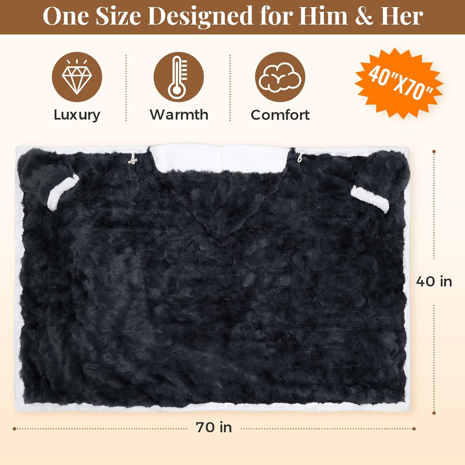 Wearable Heated Blanket Hoodie, Luxury Faux Fur & Sherpa Electric Throw Blanket, Heated Shawl Wraps Poncho with Pockets for Women Men, 3 Heat Levels & 12H Timer, ETL & FCC Certified, 40"x70",Dark Grey - Image 7