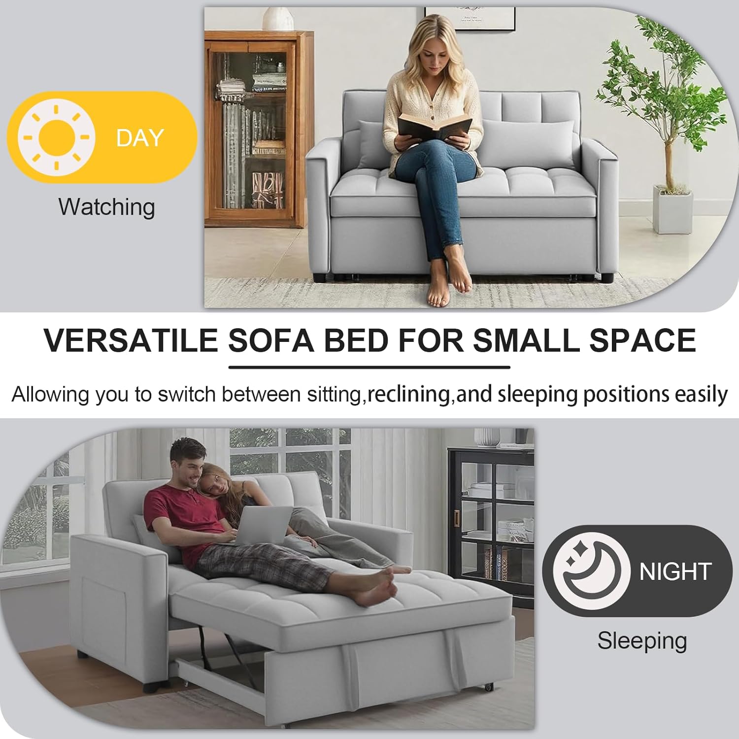 3 in 1 Convertible Sleeper Sofa Bed, 53" Pull Out Sofa Bed with 3-Level Adjustable Backrest, Velvet Fabric Loveseat Sleeper Couch for Living Room & Bedroom & Apartment & Dorm, Light Gray