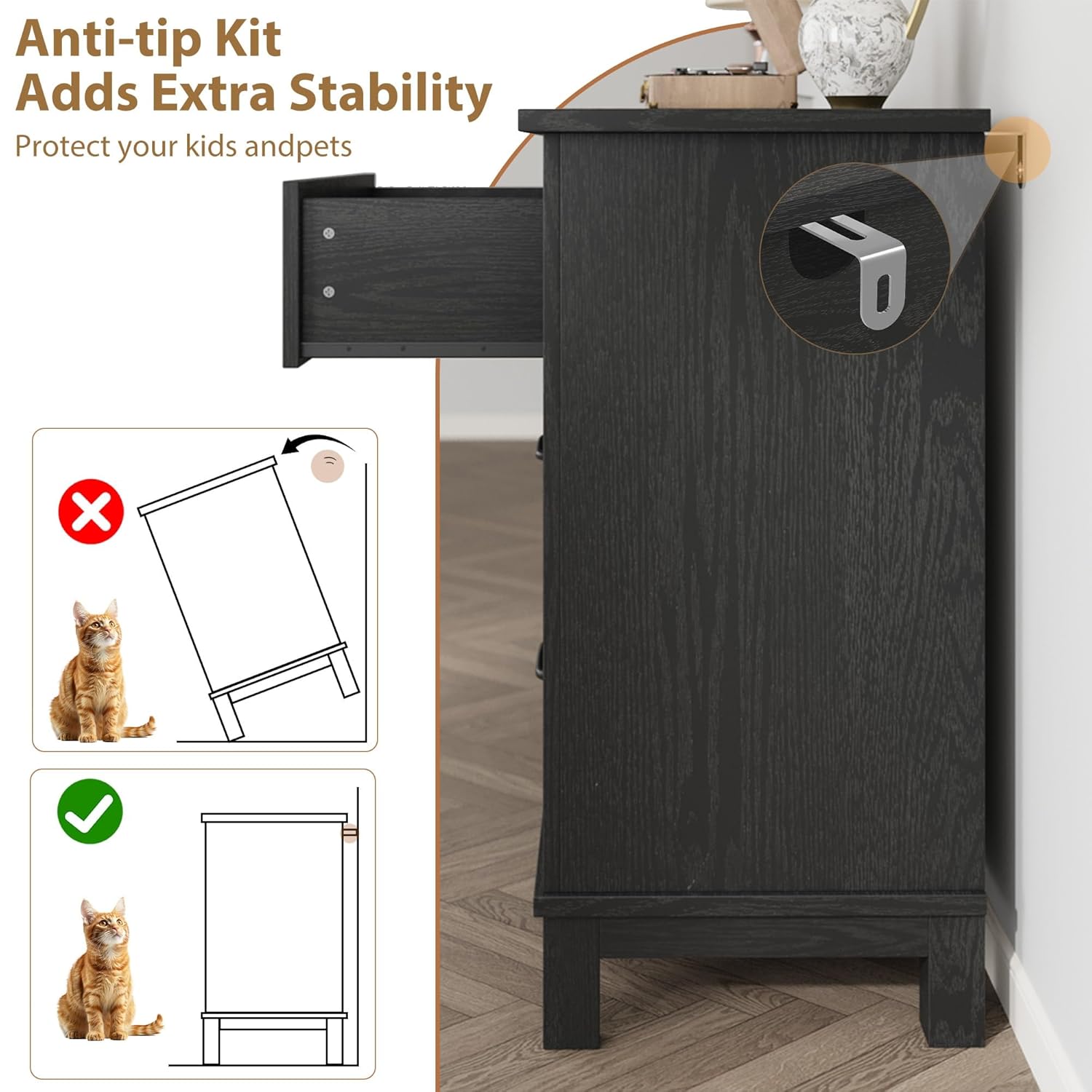 GarveeHome 6 Dresser for Bedroom, 47 in Wide Drawer Dresser with Storage Freestanding, Wooden Closet Storage Chest for Living Room, Bedroom, Entryway, Dark Black