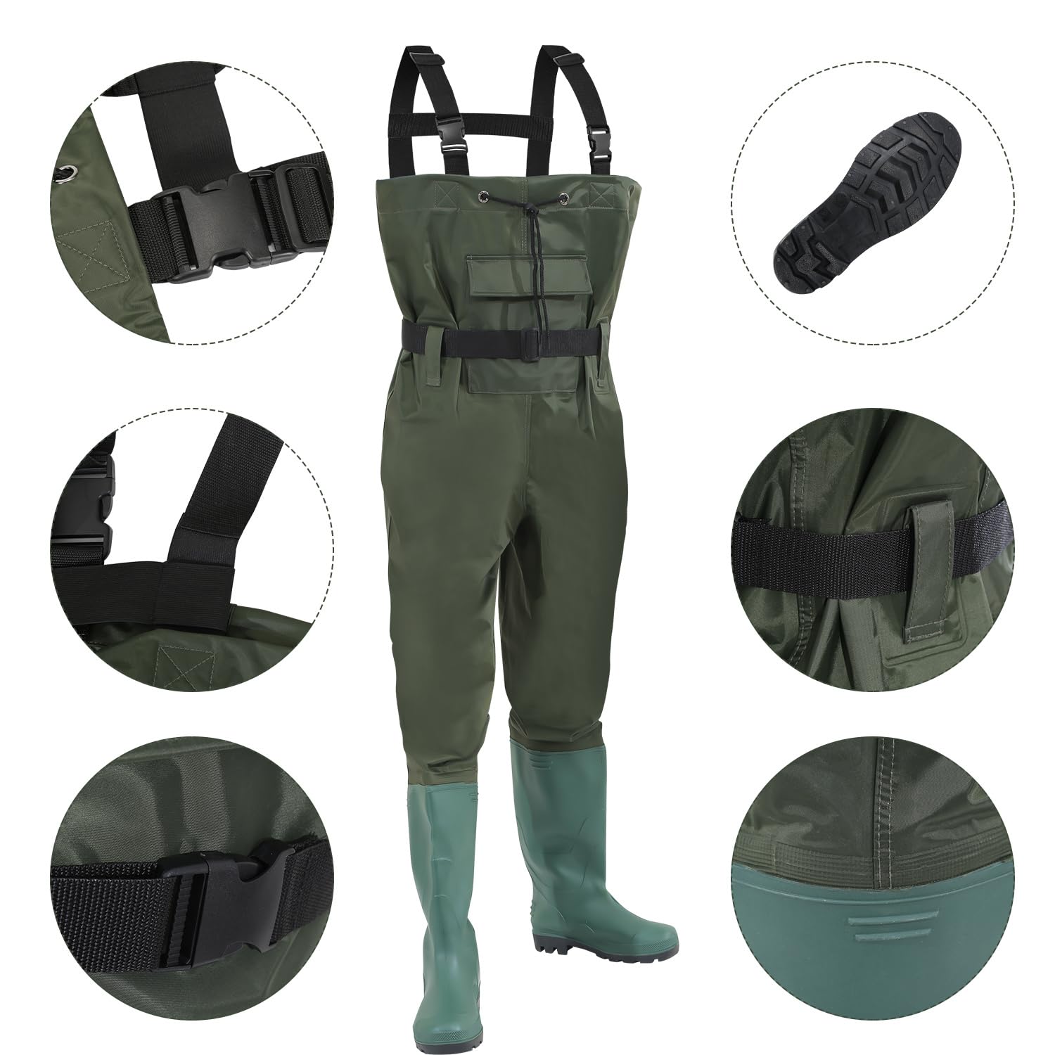 Wathosen da uomo con stivali di gomma, pantaloni da pesca impermeabili e traspiranti, in nylon 70D per pesca, caccia, pesca a mosca, sport acquatici