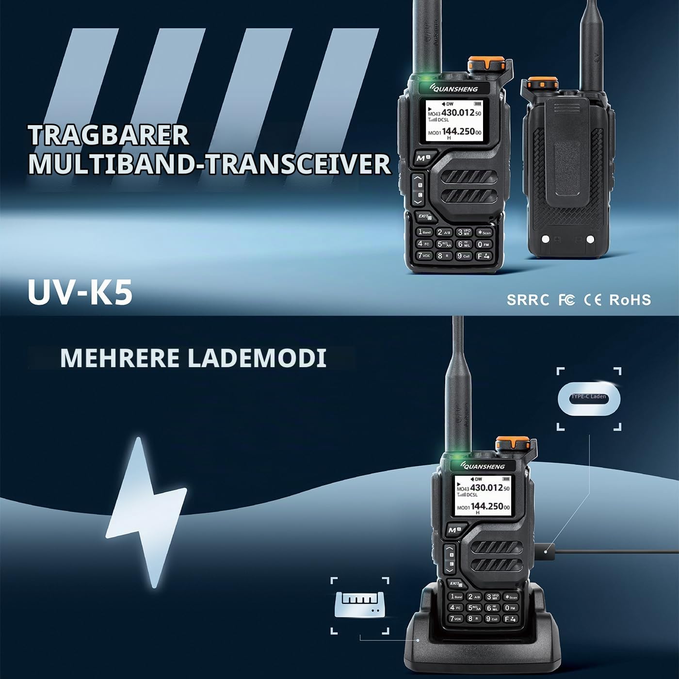 HYS Quansheng UV-K5(8) VHF UHF 5W Walkie Talkie | Long Range Wiederaufladbares Zwei-Wege-Funkgerät (mit Schraubhalterung), 200 Kanal VOX-Funktion, LED-Licht eingebaut