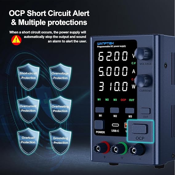 DC Power Supply, Variable 0-62V, 0-5A, Bench Power Supply, Memory Preset, USB-C & USB-A Fast Charging, OCP, Output Function, Adjustable with 4-Digit LED Display