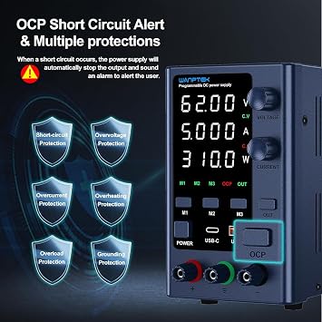 DC Power Supply, Variable 0-62V, 0-5A, Bench Power Supply, Memory Preset, USB-C & USB-A Fast Charging, OCP, Output Function, Adjustable with 4-Digit LED Display