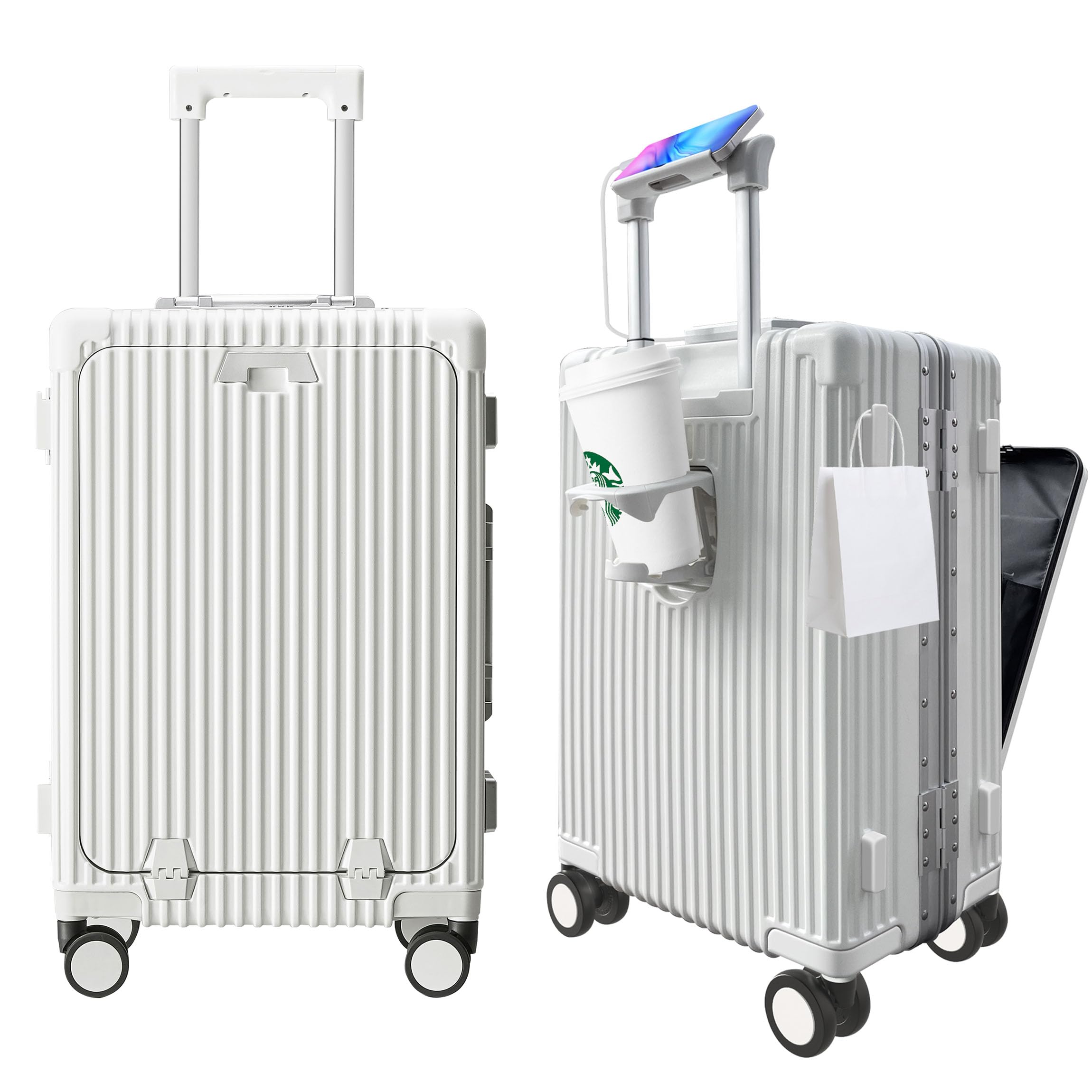 TurelinnG20inch Airline Approved Carry on Suitcase with Spinner Wheels,Aluminum Framed Hard Shell Suitcase,Built-in TSA Lock,with USB Port & Cup Holder & Phone Holder(White)