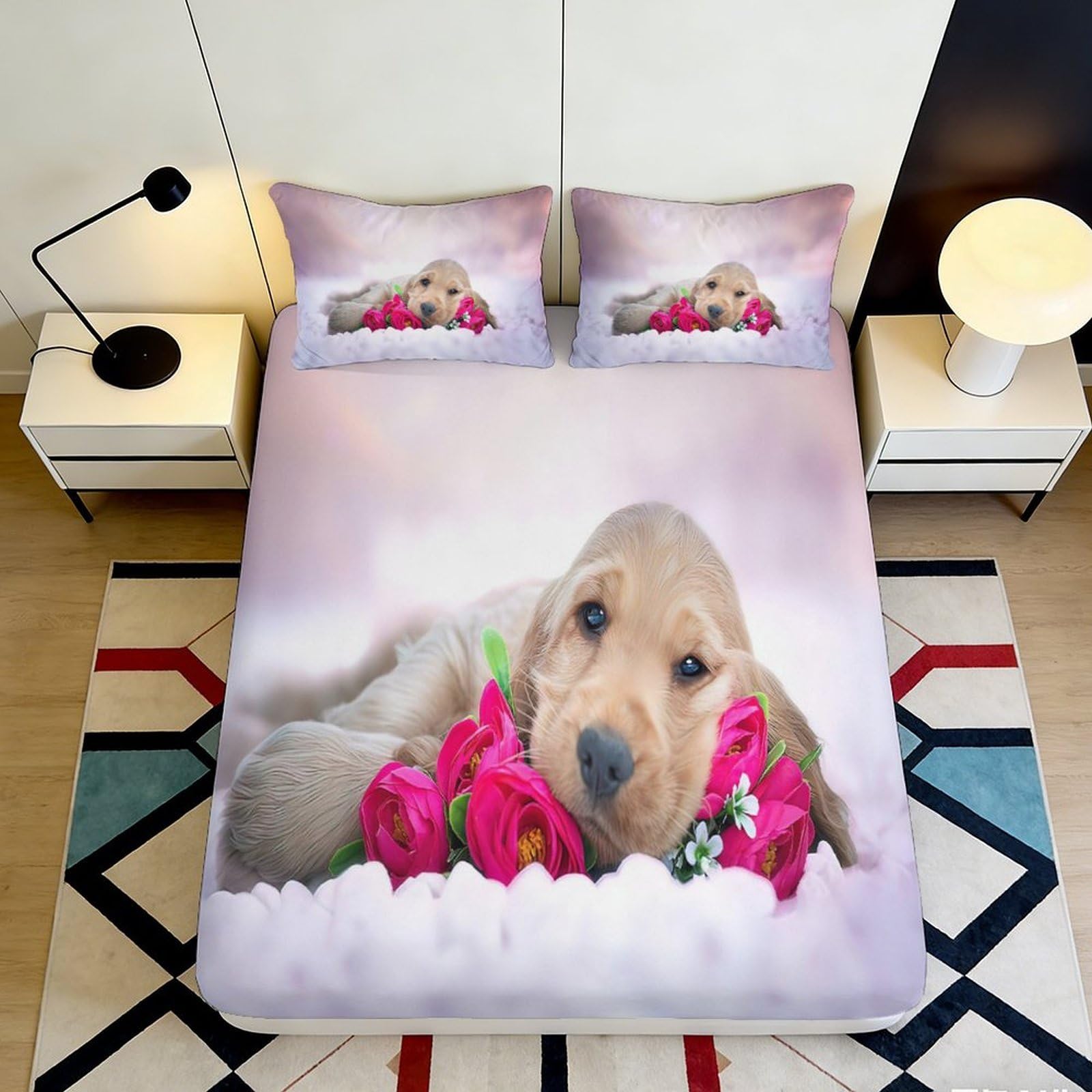 3D Printed Puppy Floral Fitted Sheet Microfiber Soft Comfortable Pink Bed Sheet Mattress Cover for Bedroom Dormitory Guest Room Mattress Protection 120x200x25cm