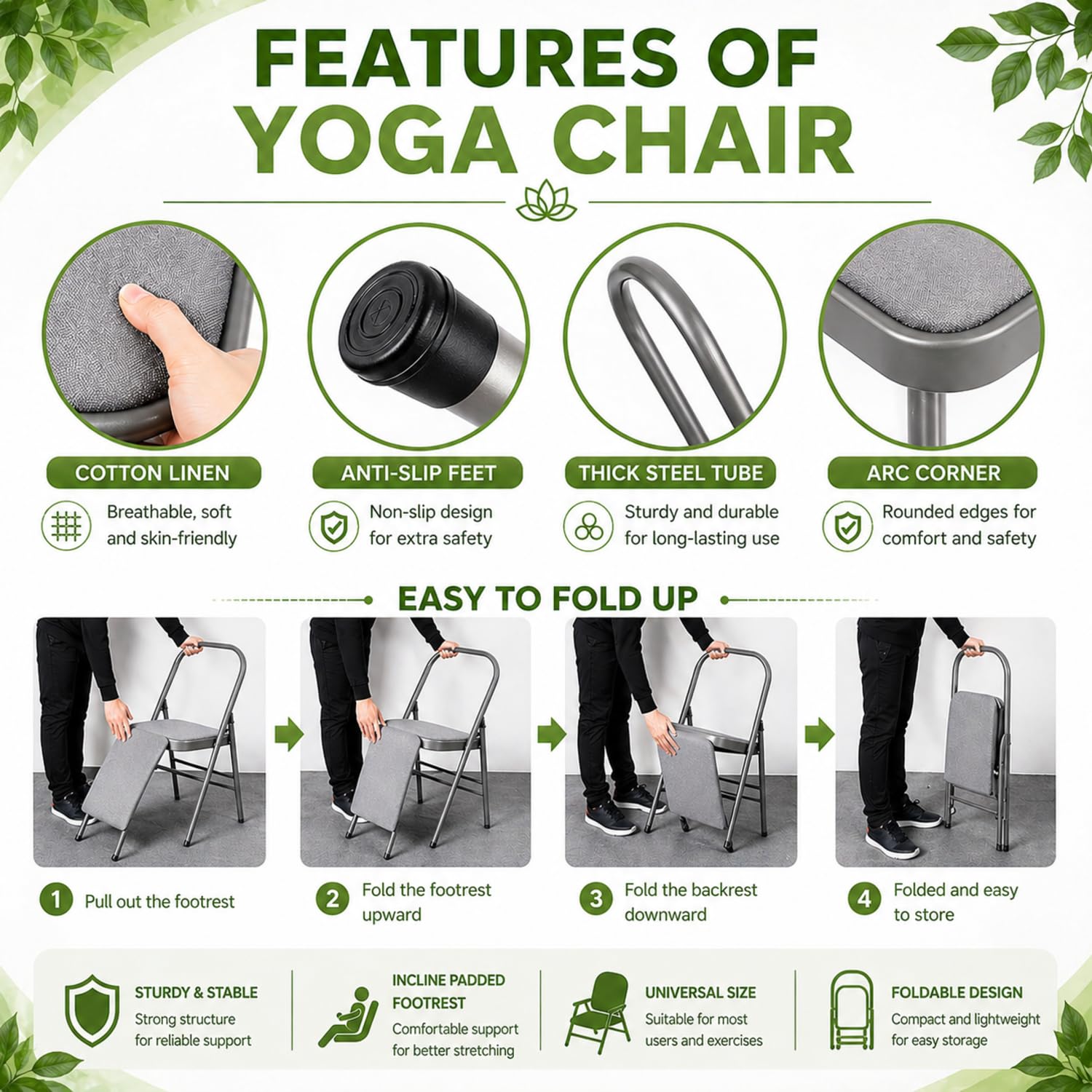 NUCARTURE Yoga Chair Foldable with Back Support Meditation Chair for Stretching Lumbar Support Yoga Chair for Back Pain Home Workout Men and Women Yoga Props Chairs (79Lx46Wx82H CM) 2