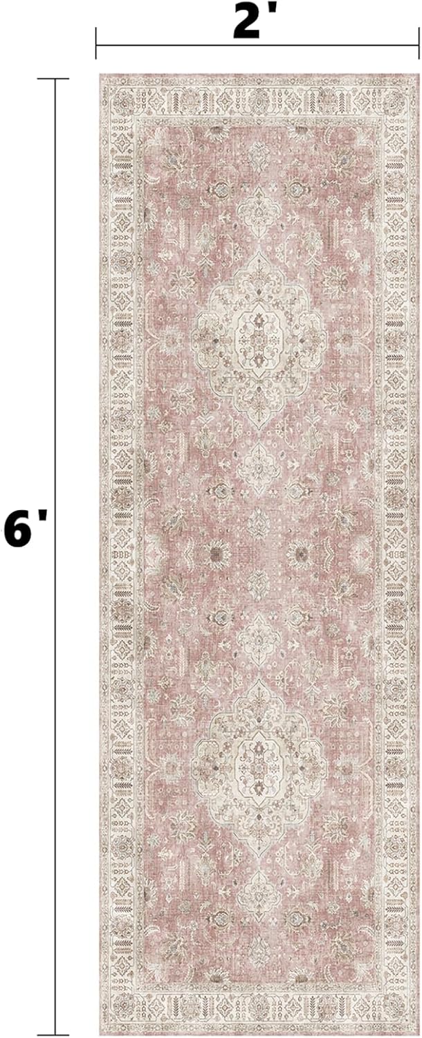 Washable Runner Rugs for Entrance 2x6 Non-Slip Hallway Runner Rugs Vintage Runners for Bedside Pink