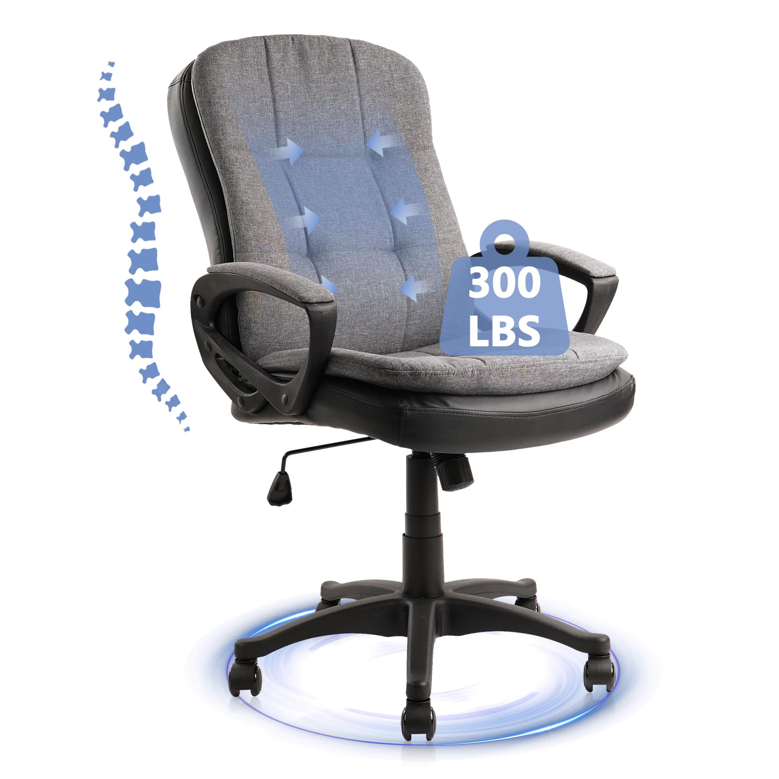 CLATINA Cloth Fabric Office Chair, 360° Swivel Rolling Desk Chair with Soft Upholstered Support Backrest, Adjustable Height Mid Back Ergonomic