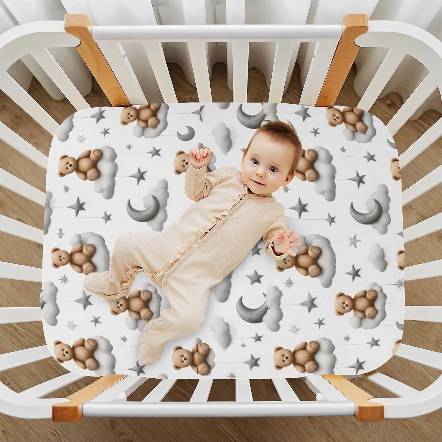 Caikeny Fitted Crib Sheet for Boys Girls Kawaii Bears Moon Grey Clouds Baby Crib Sheets Stars Watercolor Bassinet Sheets Crib Mattress Bed Sheets for Toddler Newborn Infant 27 x 39 in
