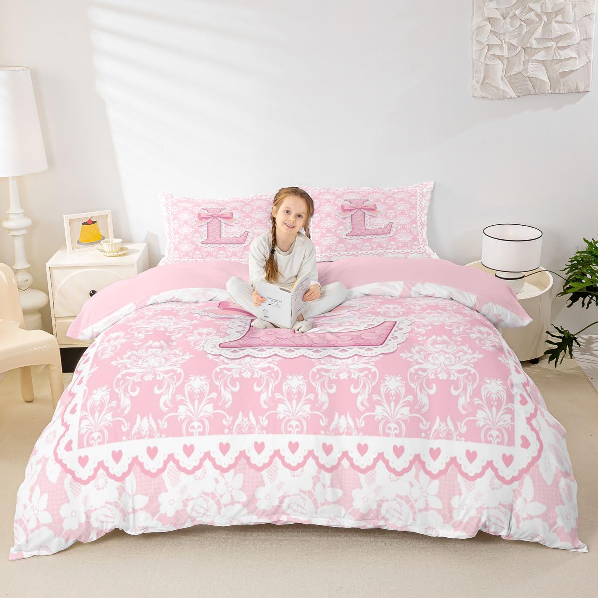 Homewish Początkowa litera koronka L kokardka różowa super king poszewka na kołdrę kwiaty kokarda zestaw pościeli Kawaii dziewczyny dzieci alfabet poszewka na kołdrę ciepła miękka pościel