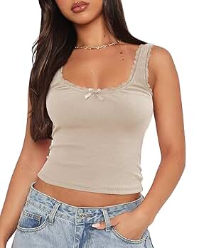 トップス rurumu: lace ribbon knit camisole YADMISU Women's Ribbed Lace Crop Tank Top U Neck Sleeveless