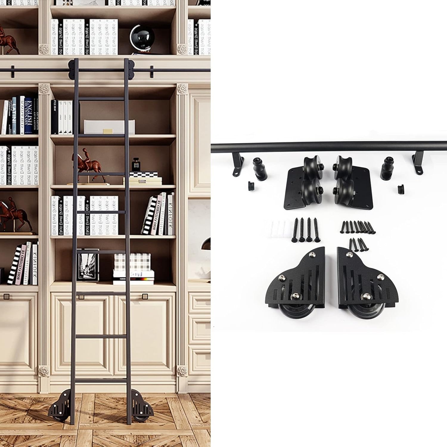 3.3ft-20ft Rolling Ladder Hardware Library Sliding Ladder Hardware Kit，Black Steel Round Tube Mobile Ladder Track for Library/Loft/Home/Indoor (Size : 13ft/400cm Track kit)