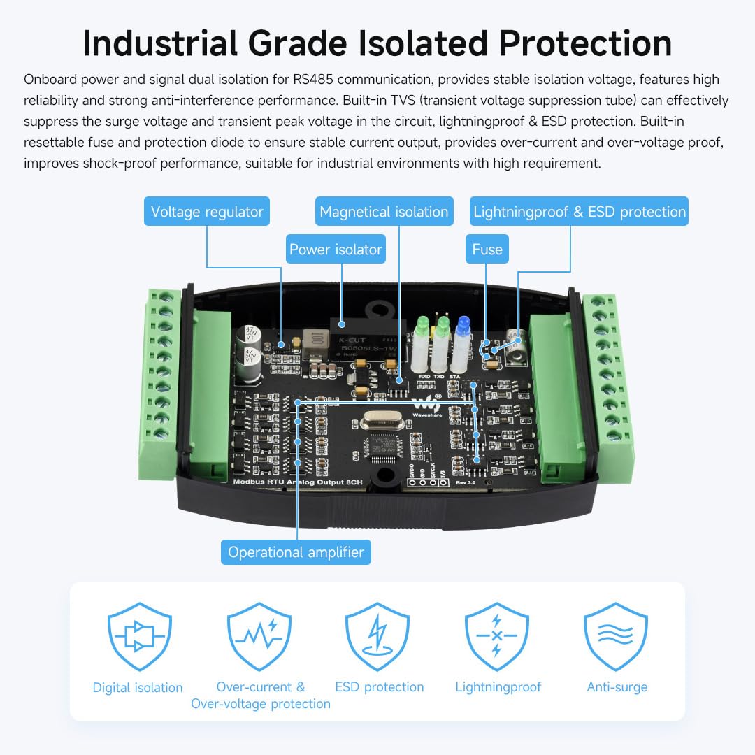 Waveshare Industrial 8-Ch Analog Output Module, 12-Bit DA Conversion, Supports 8-Ch Simultaneous Current Output, DC 7~36V Wide Voltage Power Supply, Modbus RTU Protocol, Rail-Mount Support