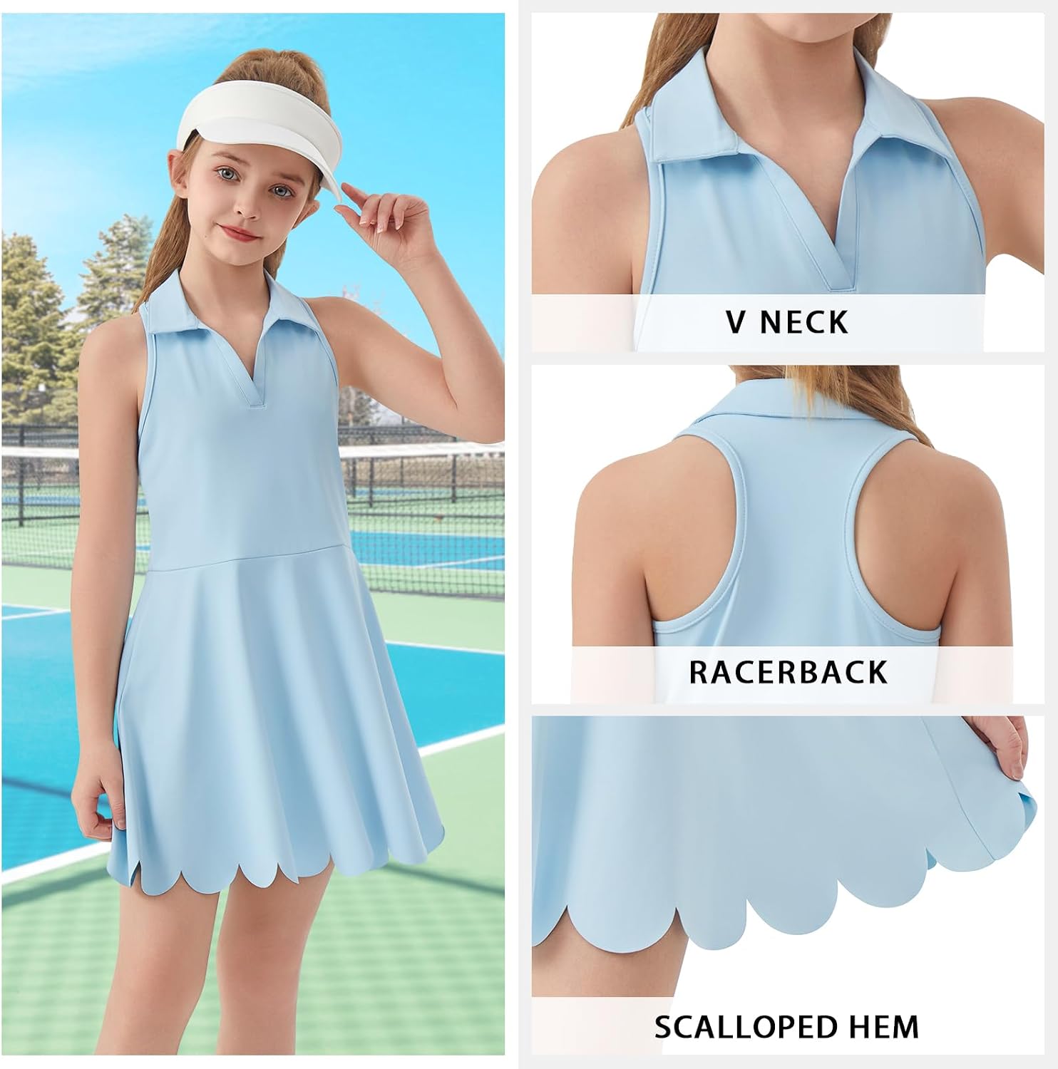 WOWENY Girls Tennis Dress Sleeveless Pickleball Athletic Dress Golf Outfit Detachable Shorts with Pockets Scalloped Hem