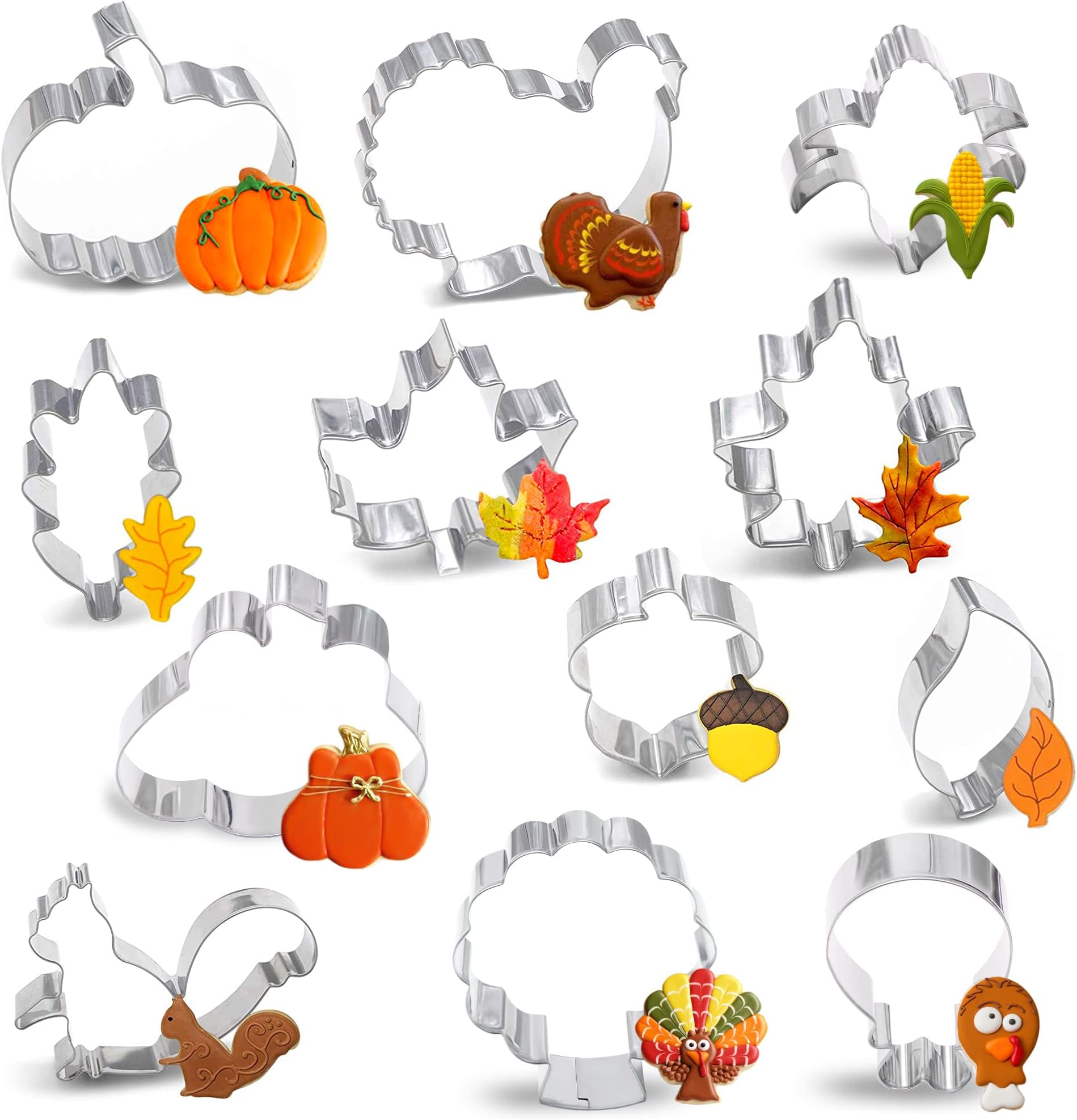 Geefuun8PCS Large Fall Thanksgiving Cookie Cutter Set - Turkey, Pumpkin, Maple/Oak/Teardrop Leaf, Squirrel and Acorn