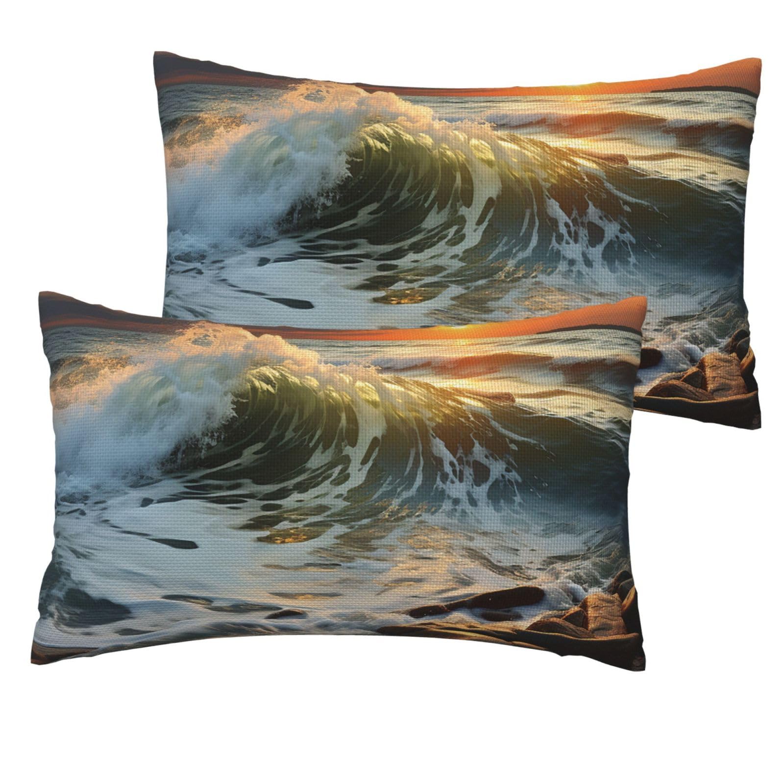 2 Pack Pillow Cases with Hidden Zipper, Soft Breathable Decorative Pillow Covers for Hair and Skin, Rocky Wave Sunset Painting Pillowcases 12"x20" Bed Pillow Protectors Cover for Sleeping Gifts