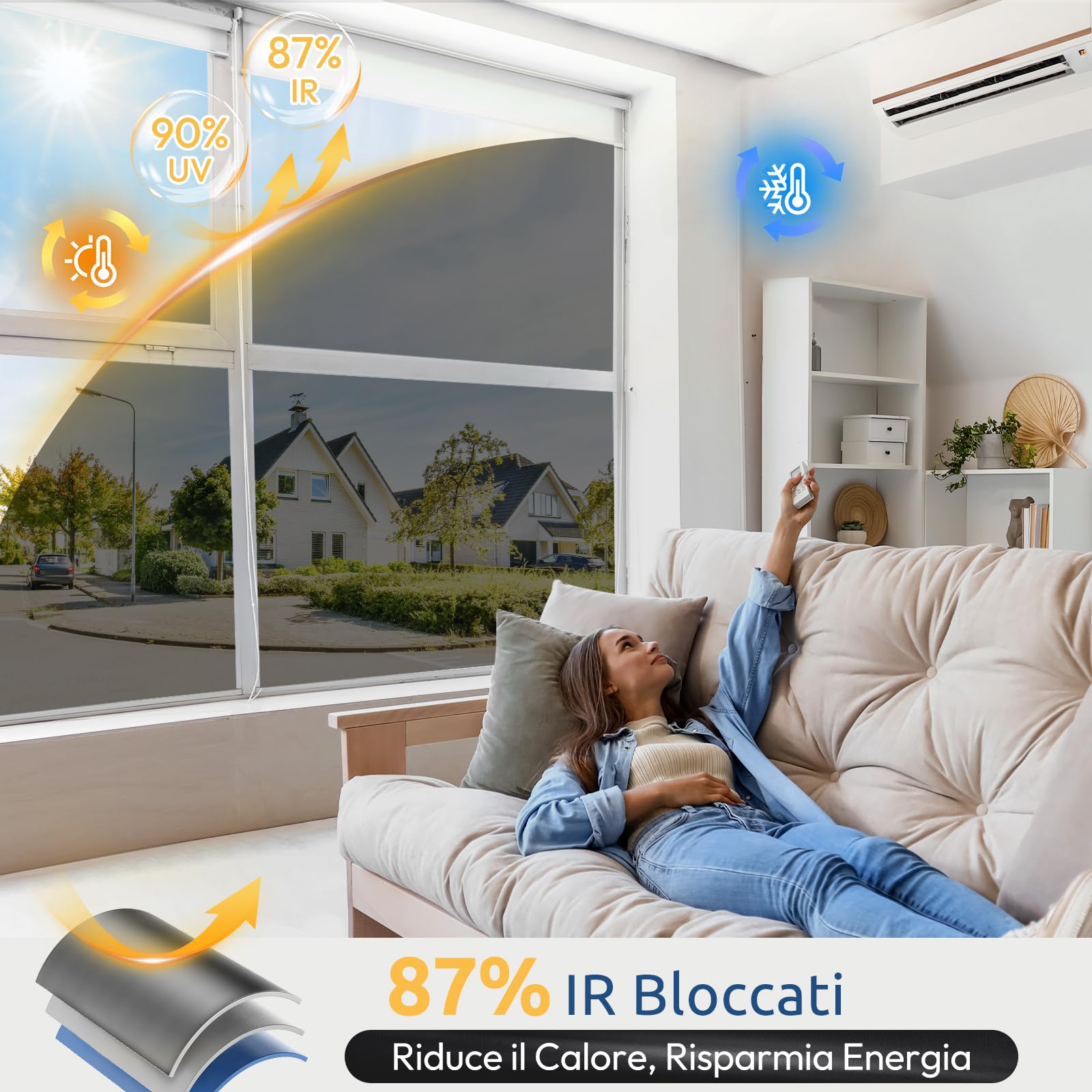 rabbitgoo Pellicola Specchio per Vetri Finestre Privacy con Kit di Installazione, Adesivo Statico, Pellicola Specchio Anti Sole Anti UV Controllo del Calore per Casa Ufficio, 90x400cm, Nero Argento