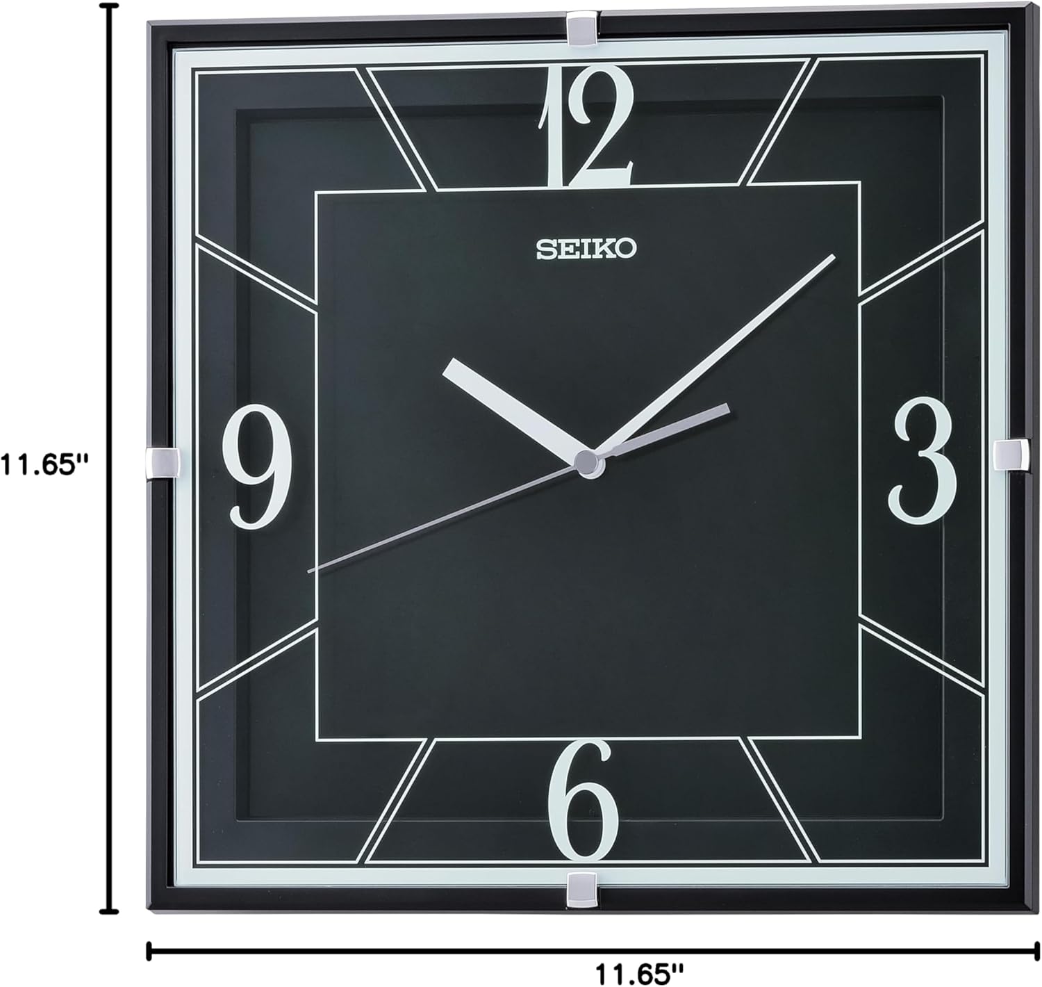 SEIKO QXA821KRH Square Glass Printed Non Ticking Wall Clock, Black, 11 Inch