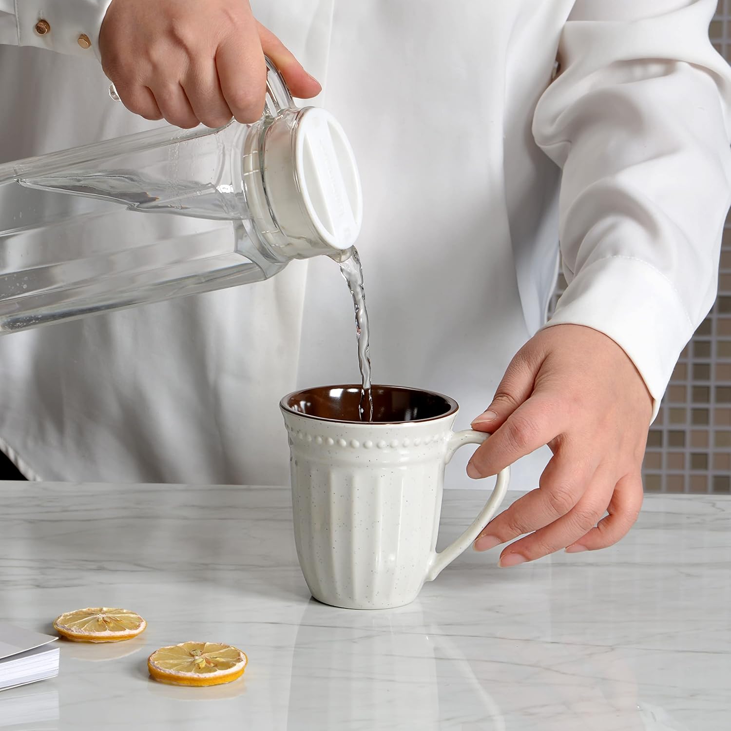 Melamine Coffee Cups of 6, 12oz Camping Mug with Handle, Lightweight and Unbreakable Cups kind to kids, Reusable Mugs Set for Tea, Dishwasher Safe, Ideal for Party RV Gift(Off White)