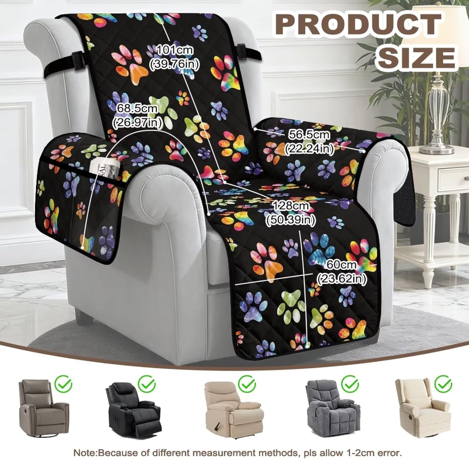 ZDCUSTOM Dog Paws Print Non Slip Recliner Cover Stay in Place, Dog Chair Cover Furniture Protector, Ideal Recliner Slipcovers for Pets and Kids