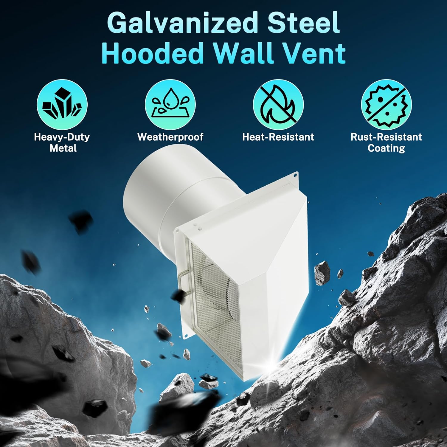 HG Power 8 Inch Hooded Wall Vent with Screen and Damper, Exterior Vent, Galvanized Steel Vent Covers for Wall, Exhaust Fan Cover for Kitchen Range Hood Ventilation, HVAC Duct Air Exhaust, White