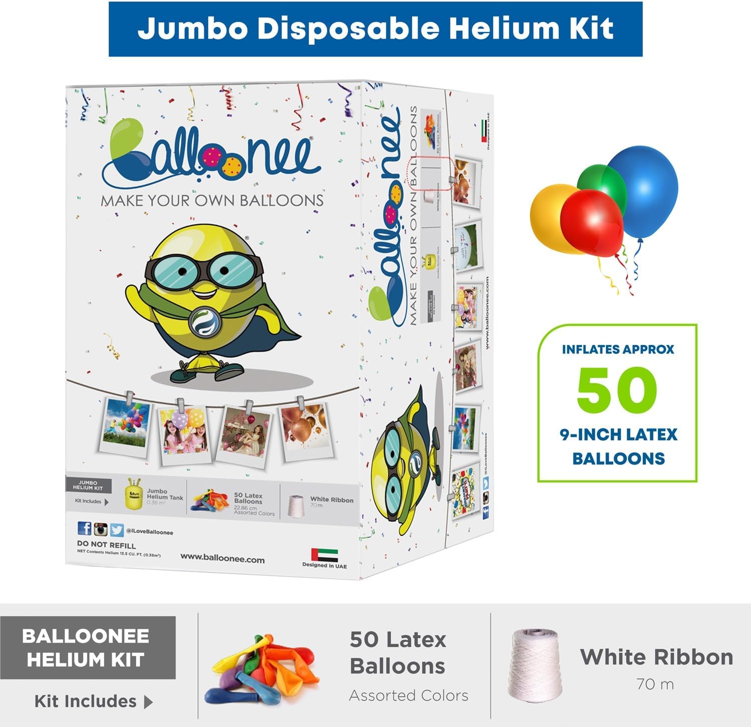 Balloonee Jumbo Disposable Helium Party Kit, Helium Tank for Balloons At Home, 13.5 Cu Ft Helium Balloon Pump Kit with 50 Assorted Latex Balloons, Helium Tank, Disposable, Portable for Celebrations