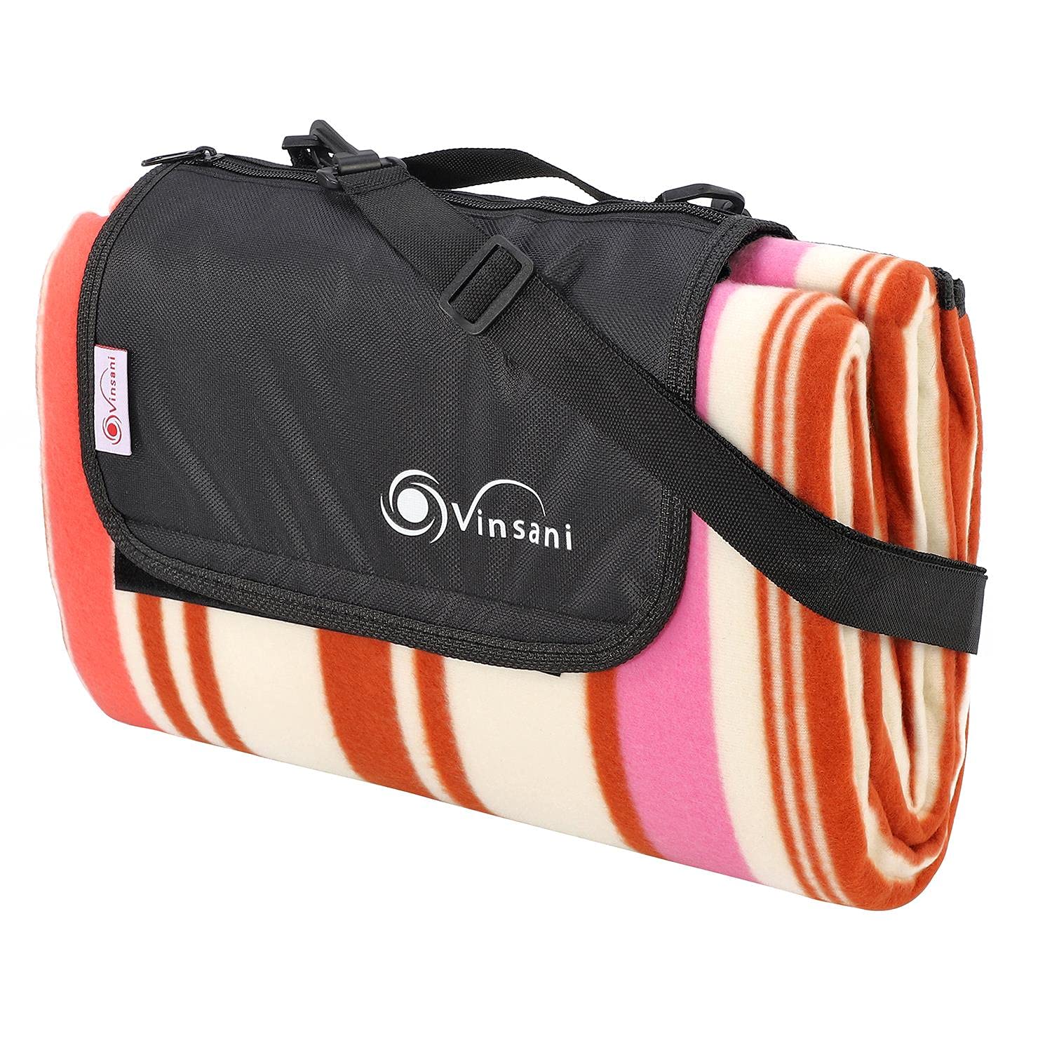 Vinsani Foldable Picnic Blanket 200 x 200 cm - Anti-Slip, Durable Waterproof & Sand Proof Outdoor Rug Mat for Camping, Beach, Hiking, Park & Garden, Easy to Carry, Machine Washable | Pink Stripe