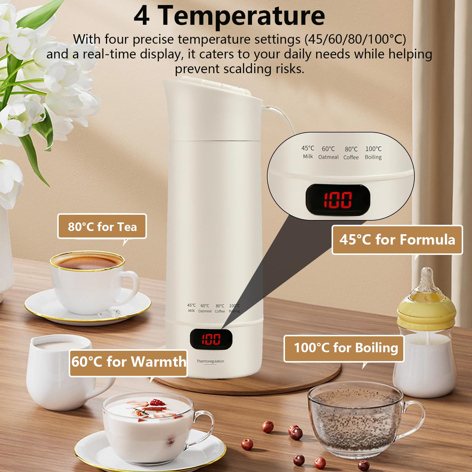 Hervidor eléctrico de viaje pequeño 400 ml, hervidor de agua pequeño de viaje, agua de cocción rápida con ajuste de temperatura, apagado automático, temperatura constante, para té, café, leche de bebé