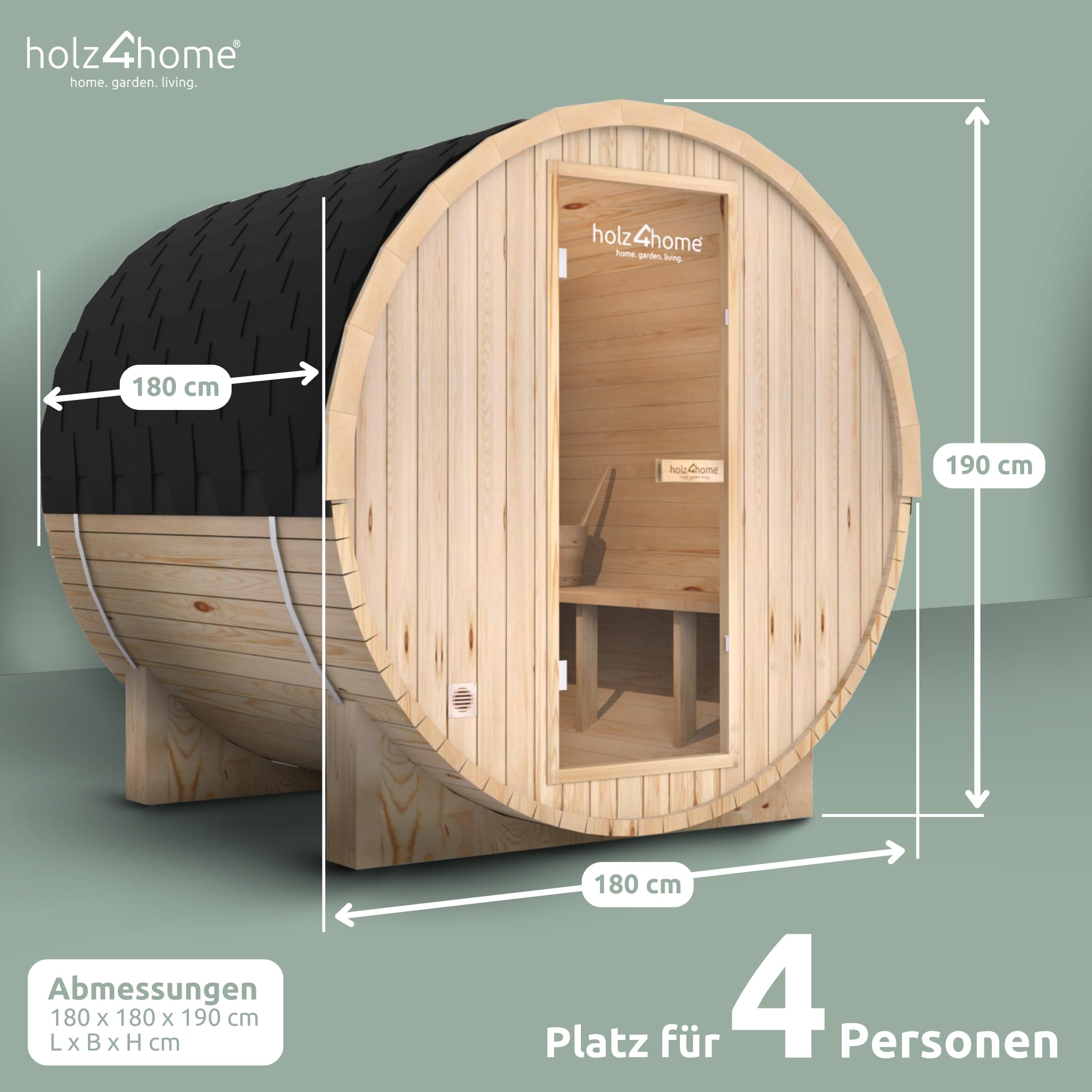 holz4home® Fasssauna Pini Wood inkl. Elektroofen I Gartensauna aus Fichtenholz I Aussensauna Saunafass Sauna für Terrasse Aussenbereich (Sauna L)