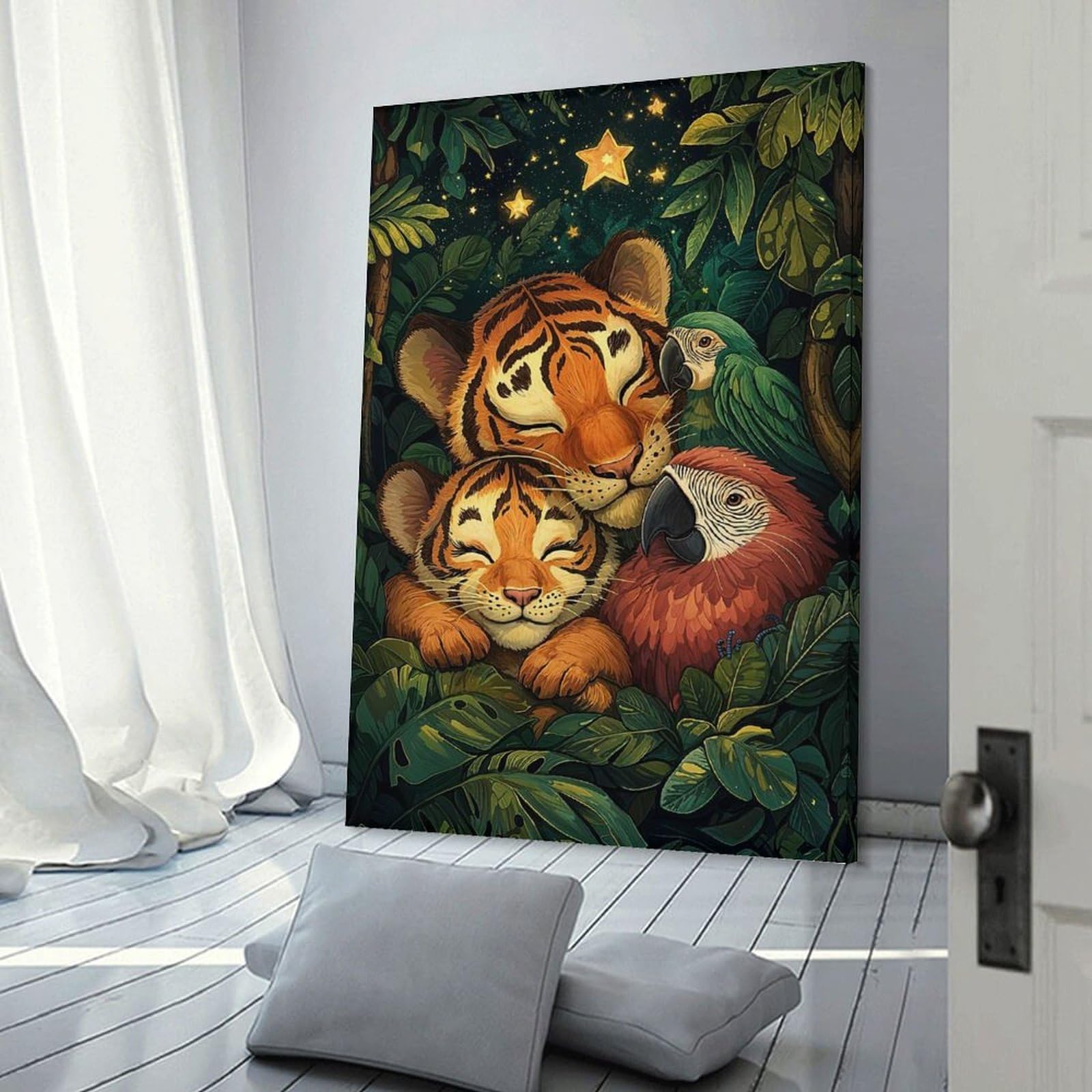 Junmoney Hanging Wall Art Tiger Cubs And Parrots, 20x30inch(50x75cm), for Small Homes, Bedrooms Or Open Spaces, Wall Decor with Flexible Room Appeal